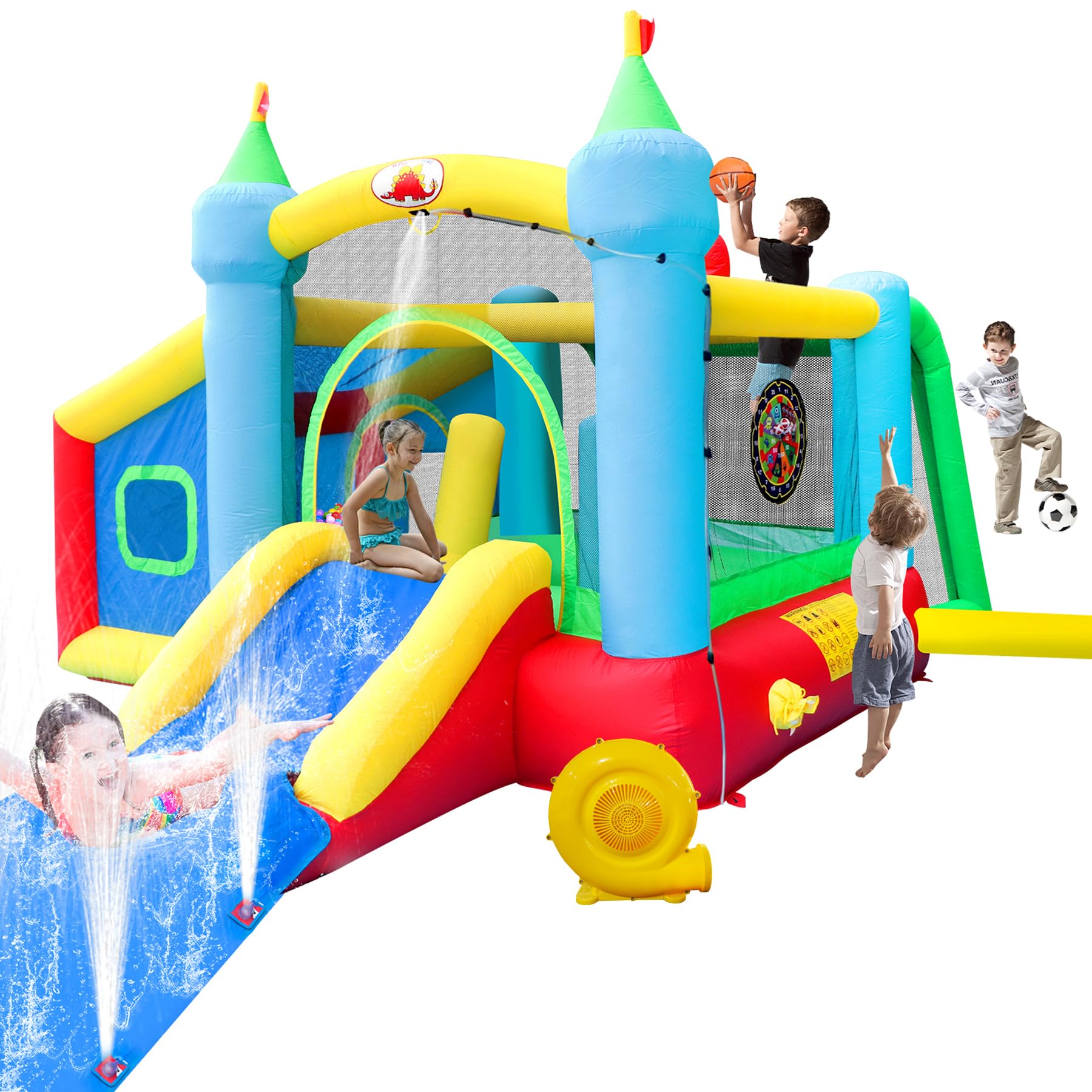 Inflatable Bounce House and Extended Long Water Slide, Jumping Castle Slide with Blower
