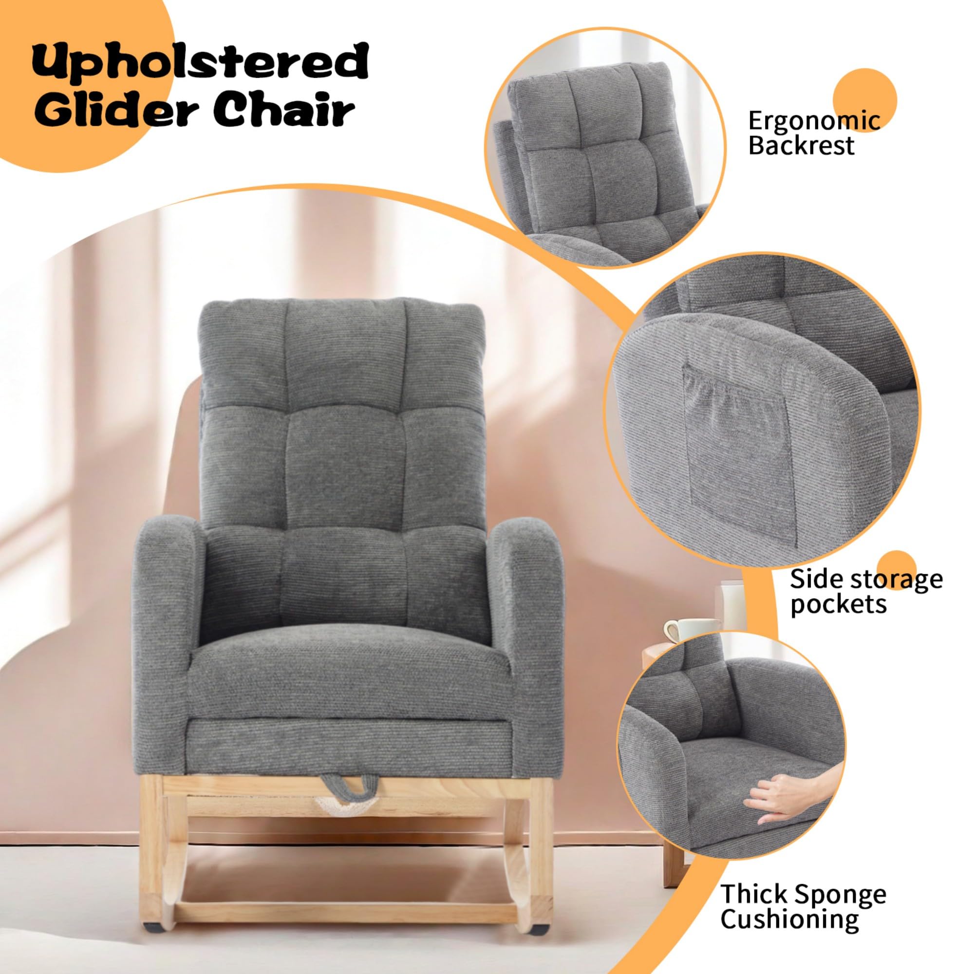 Nursery Rocking Chair with Adjustable Footrest and Side Pockets
