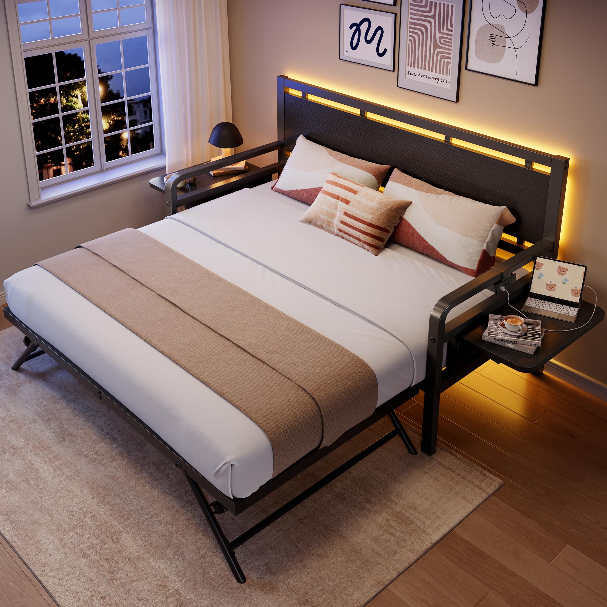 Twin Daybed with Pop-Up Trundle and LED Lights