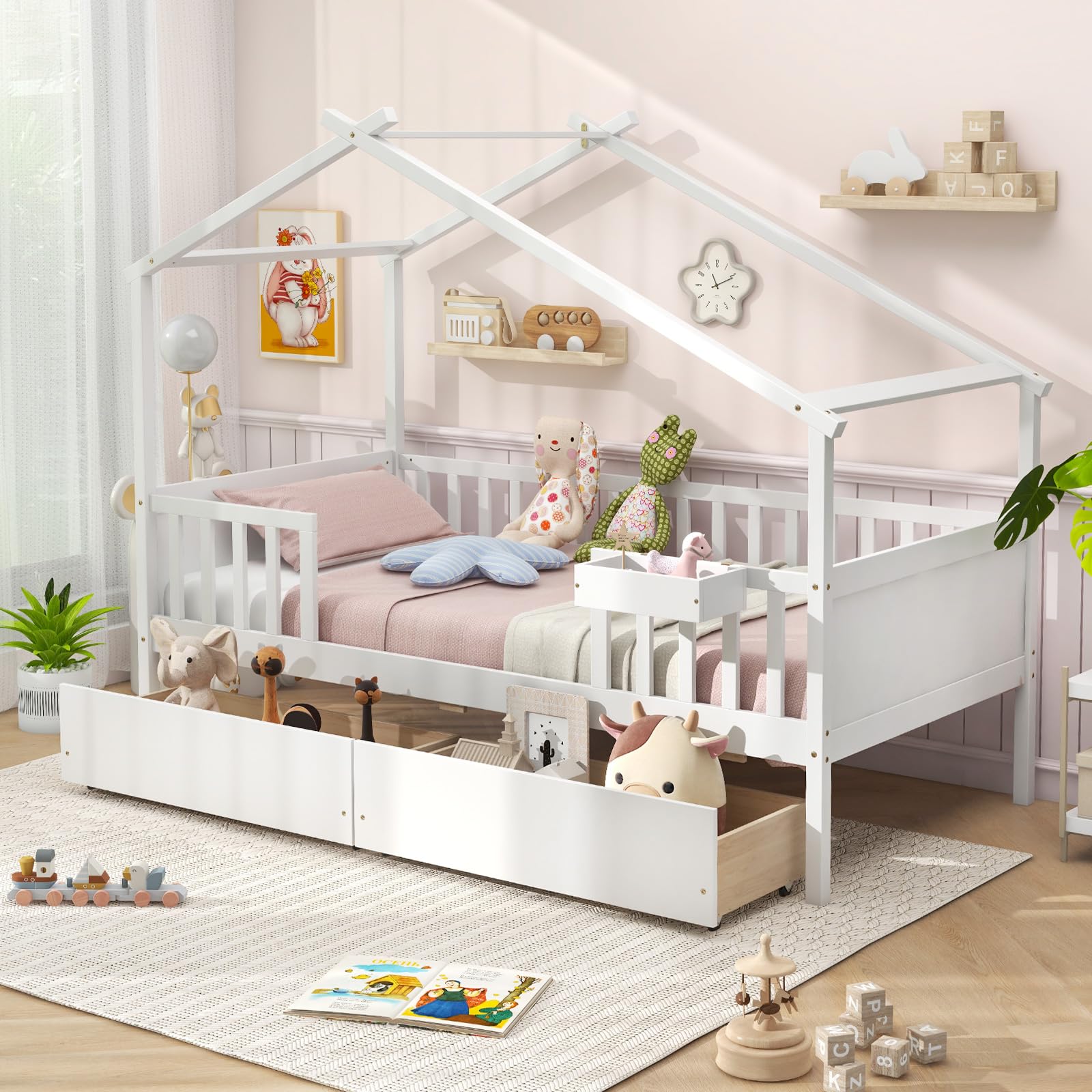 Twin House Bed with Storage Drawers and Fence Rails