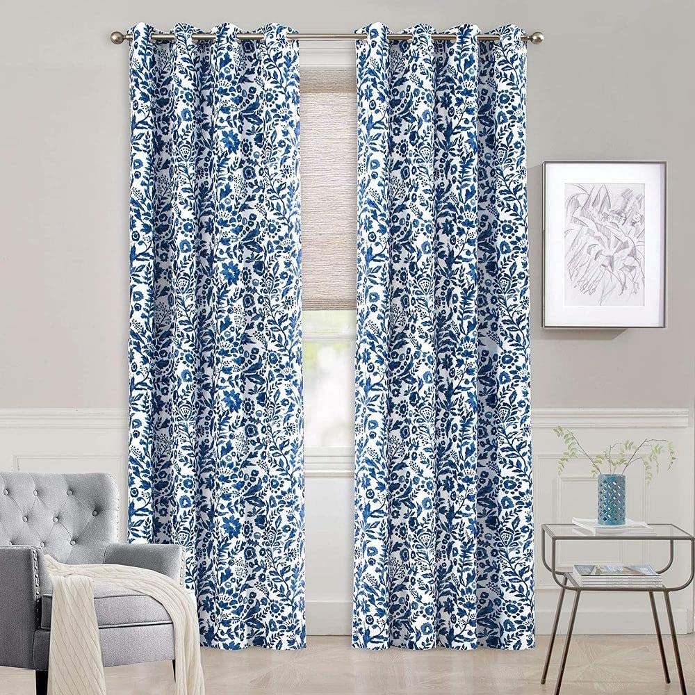 2 Piece Floral Curtain 52" W x 72" Length Navy White Darkening Blackout Flowers