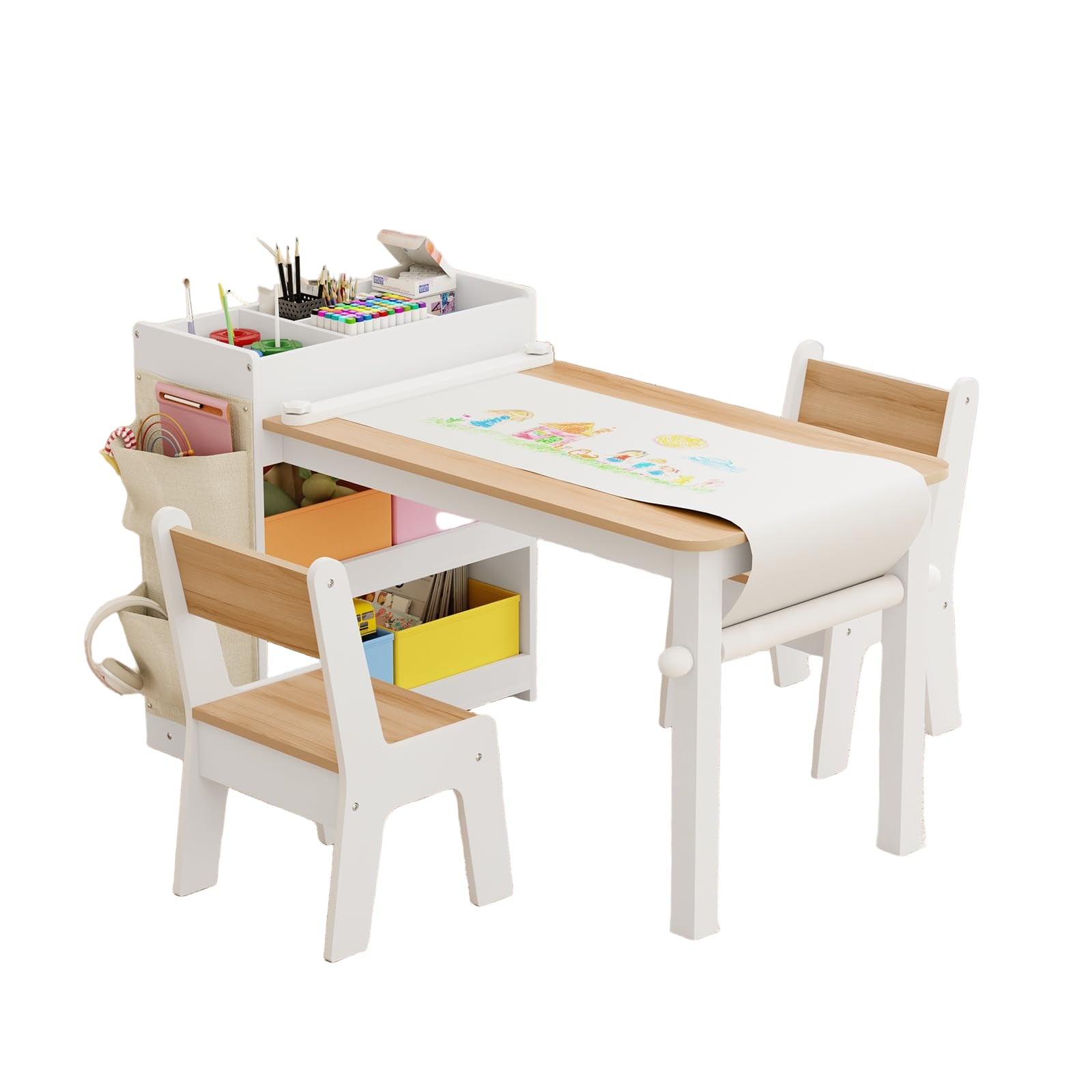 Kids Art Table and Chair - Toddler Craft Table and Chairs Set with 2 Chair & Bins