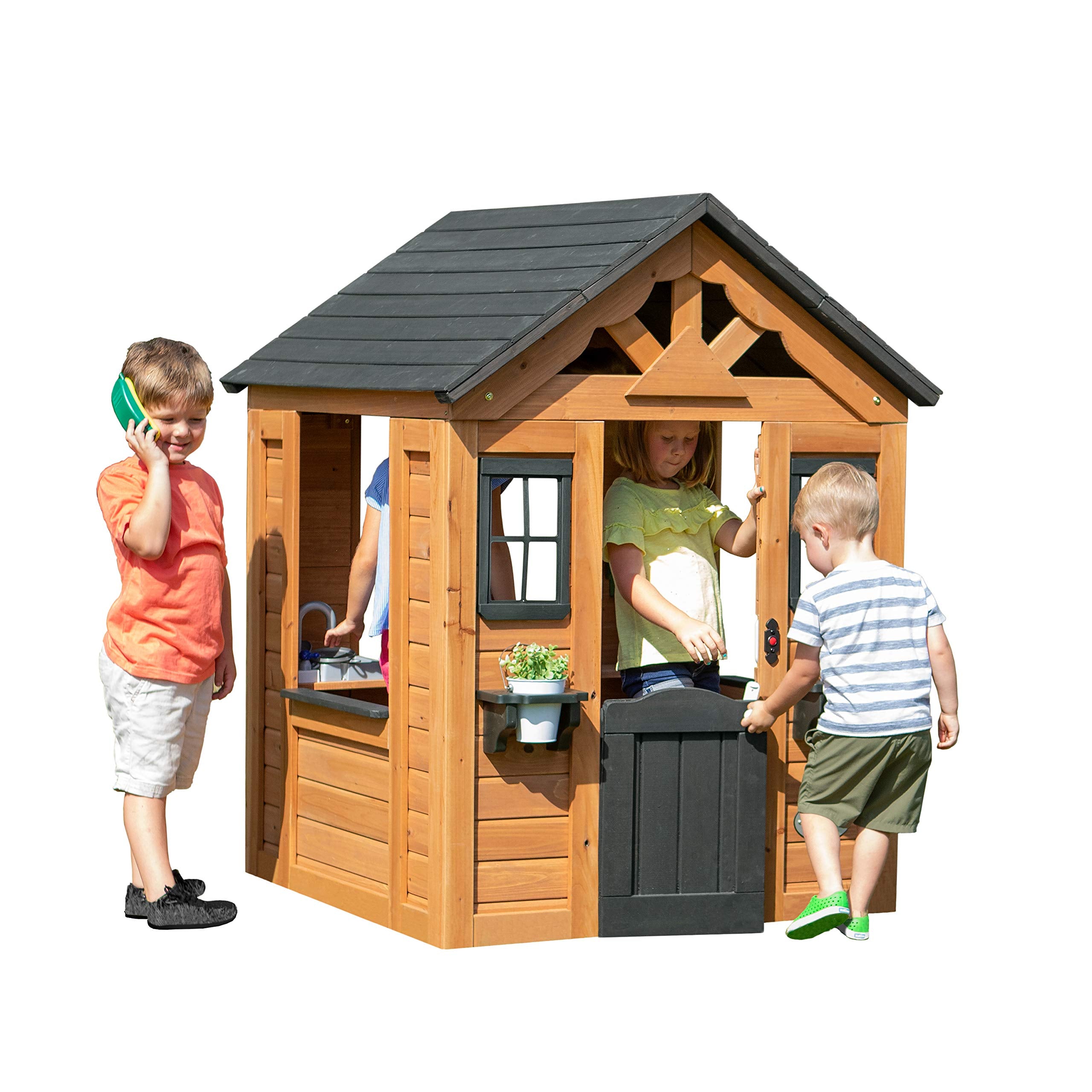 Cedar Wooden Kids Playhouse Cottage with Play Kitchen and Snack Bar