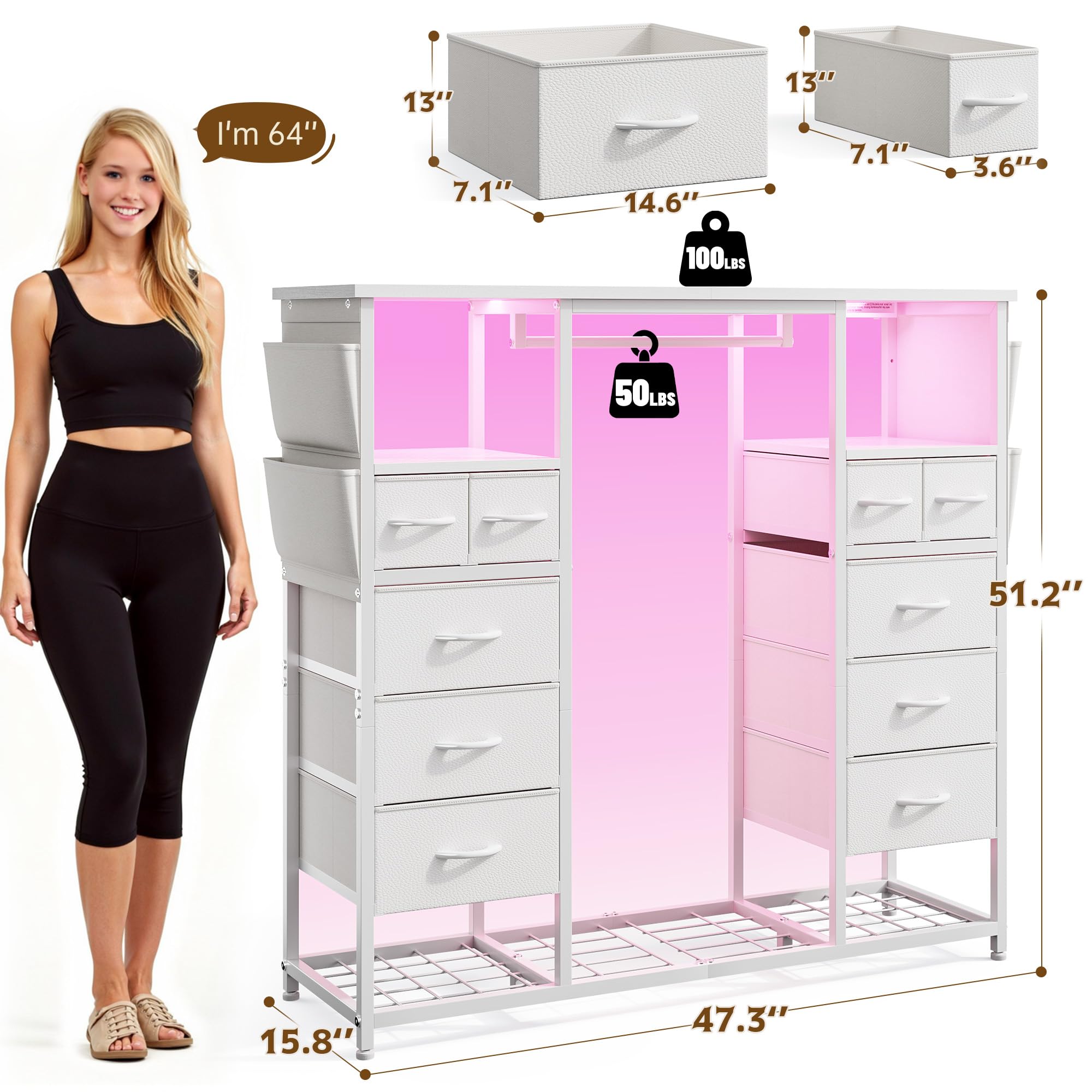 Tall Dresser with LED Lights and Charging Station