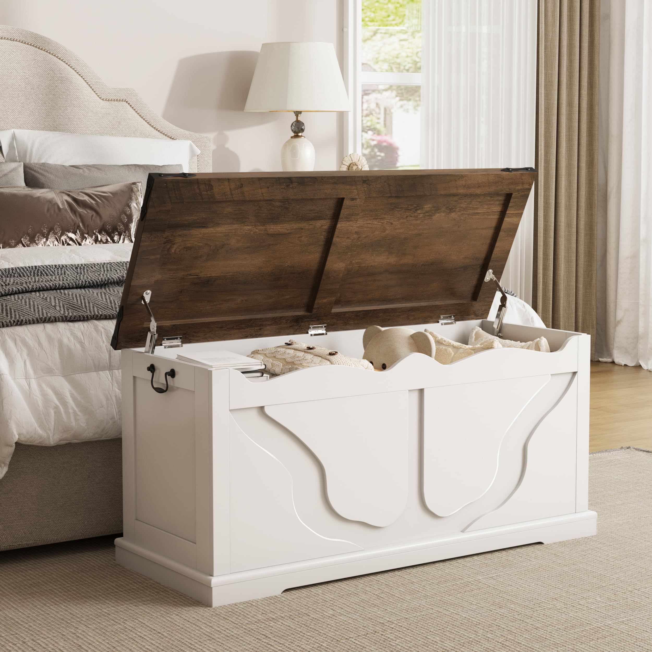 Storage Bench with Safety Hinges White Farmhouse Entryway Organizer