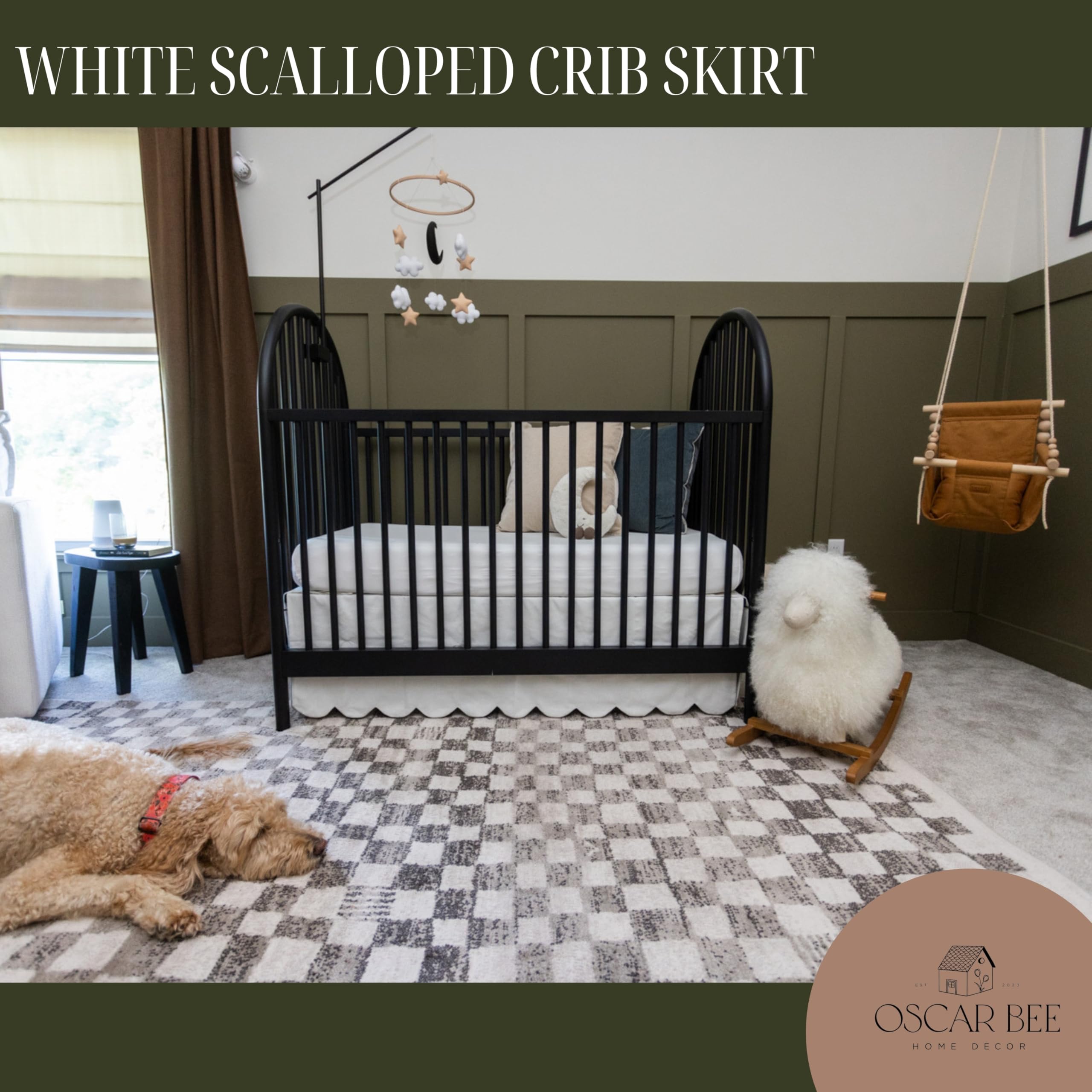 Organic Cotton Linen Crib Skirt White Scalloped Adjustable