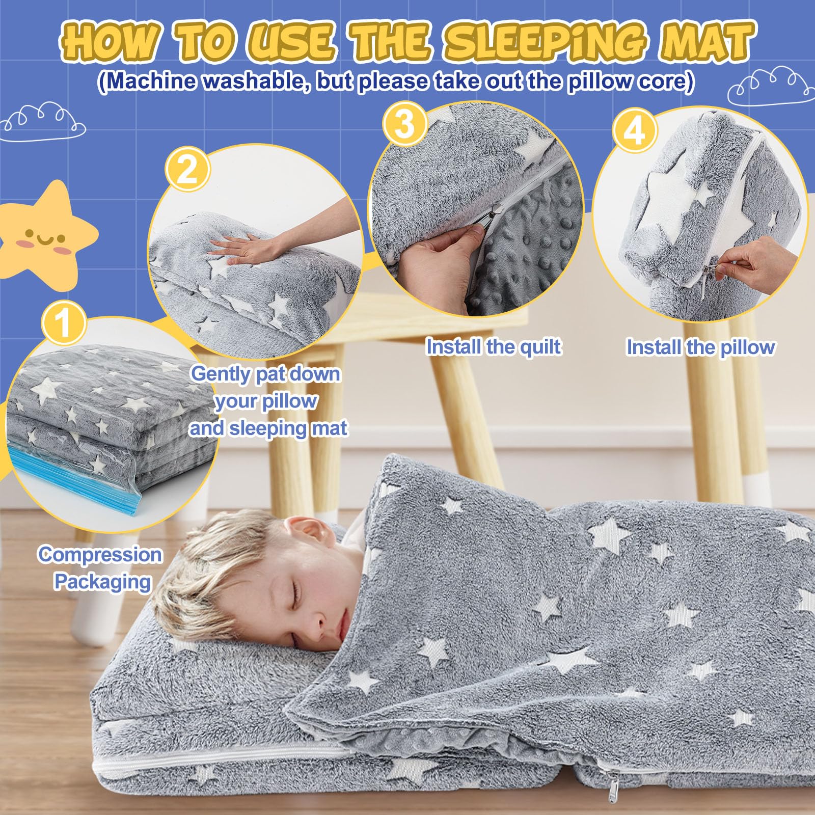 Toddler Nap Mat with Removable Pillow and Blanket