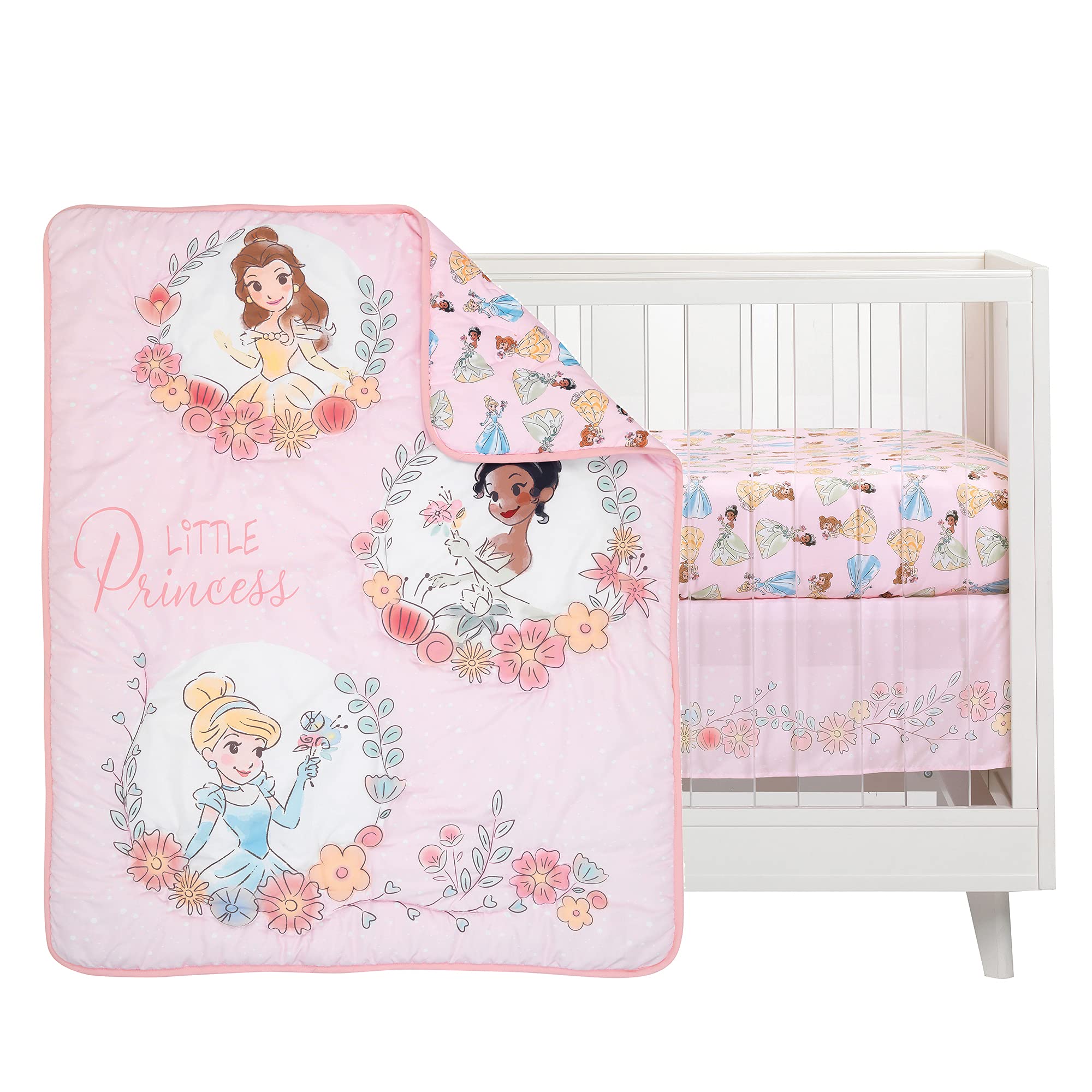 Disney Princesses Nursery Baby Crib Bedding Set, Pink, 3 Count