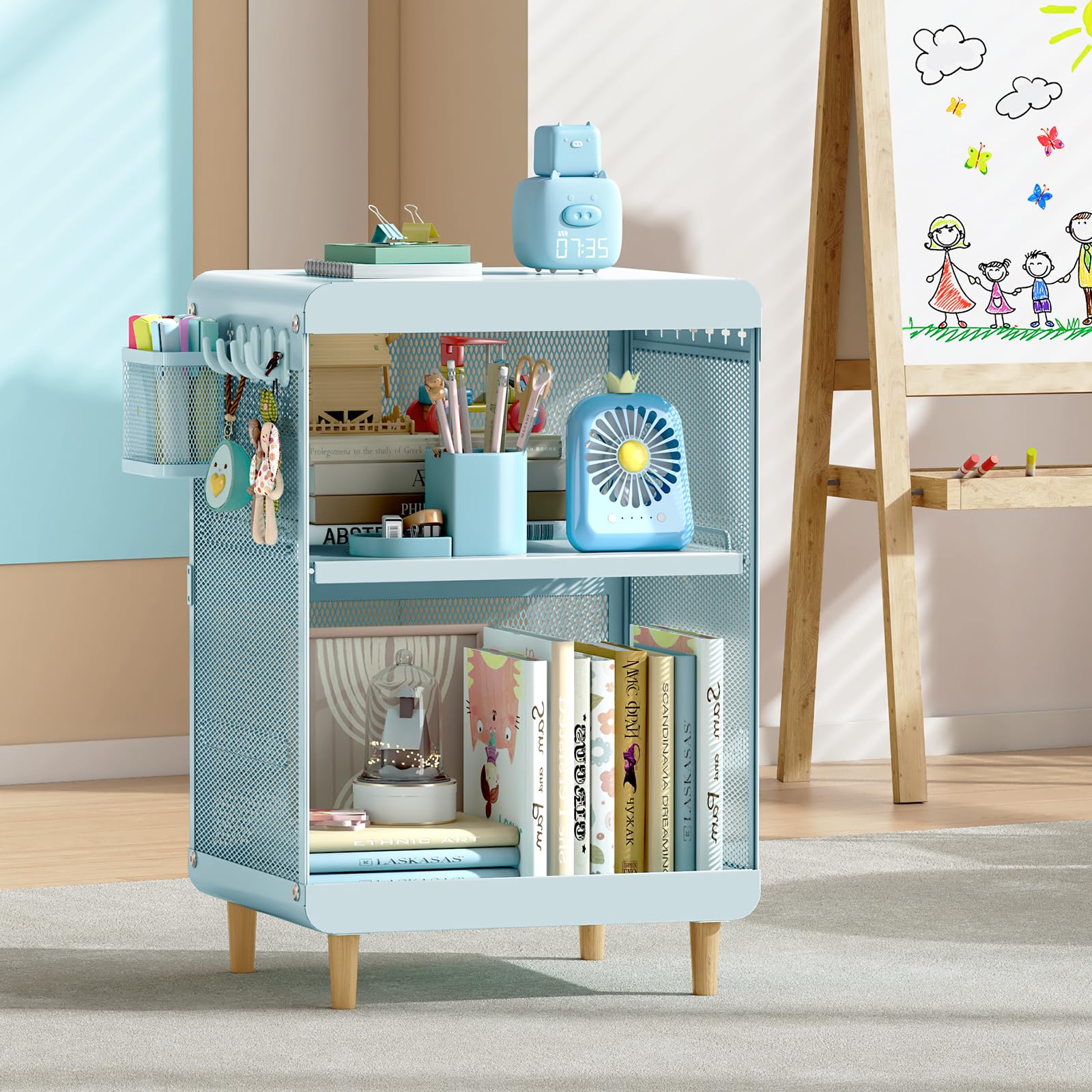 Kids Mint Green Nightstand with Storage Shelves