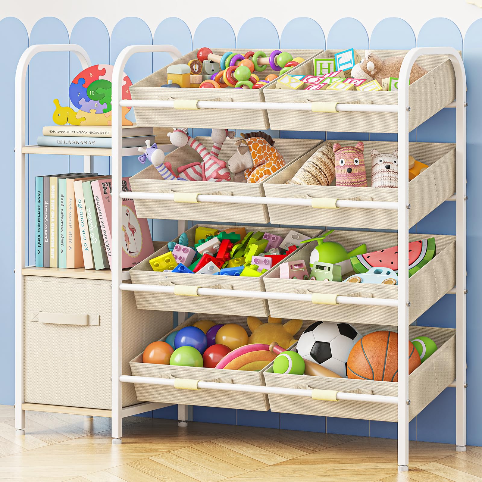 Toy Storage Organizer with Fabric Drawers and Bookshelf