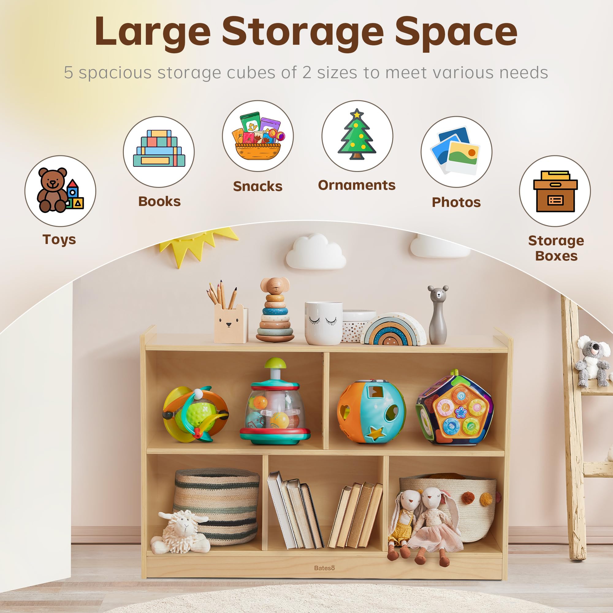 5-Section Wooden Kids Bookshelf Storage Organizer