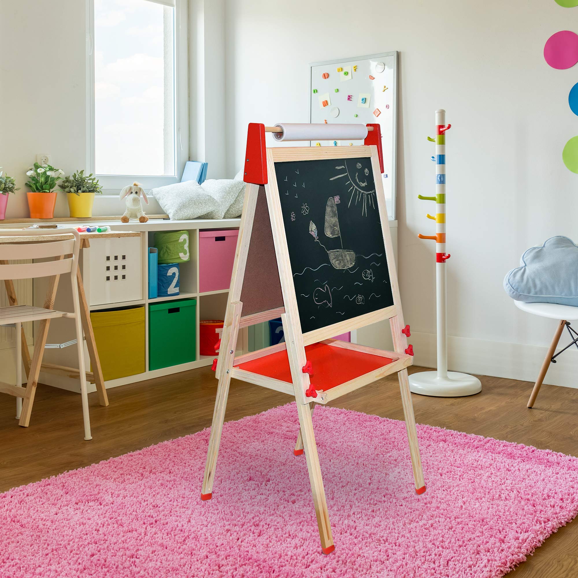 Number 1 in Gadgets Deluxe Standing Art Easel, Dry-Erase Board Chalkboard Magnetic Whiteboard Paper Roll and Accessories, Ultimate All-in-One Wooden Kid's Art Easel