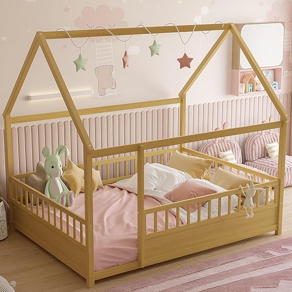 Kids Montessori Twin Size Floor Bed with High Fence, House Bed for Kids, Wooden, Gray