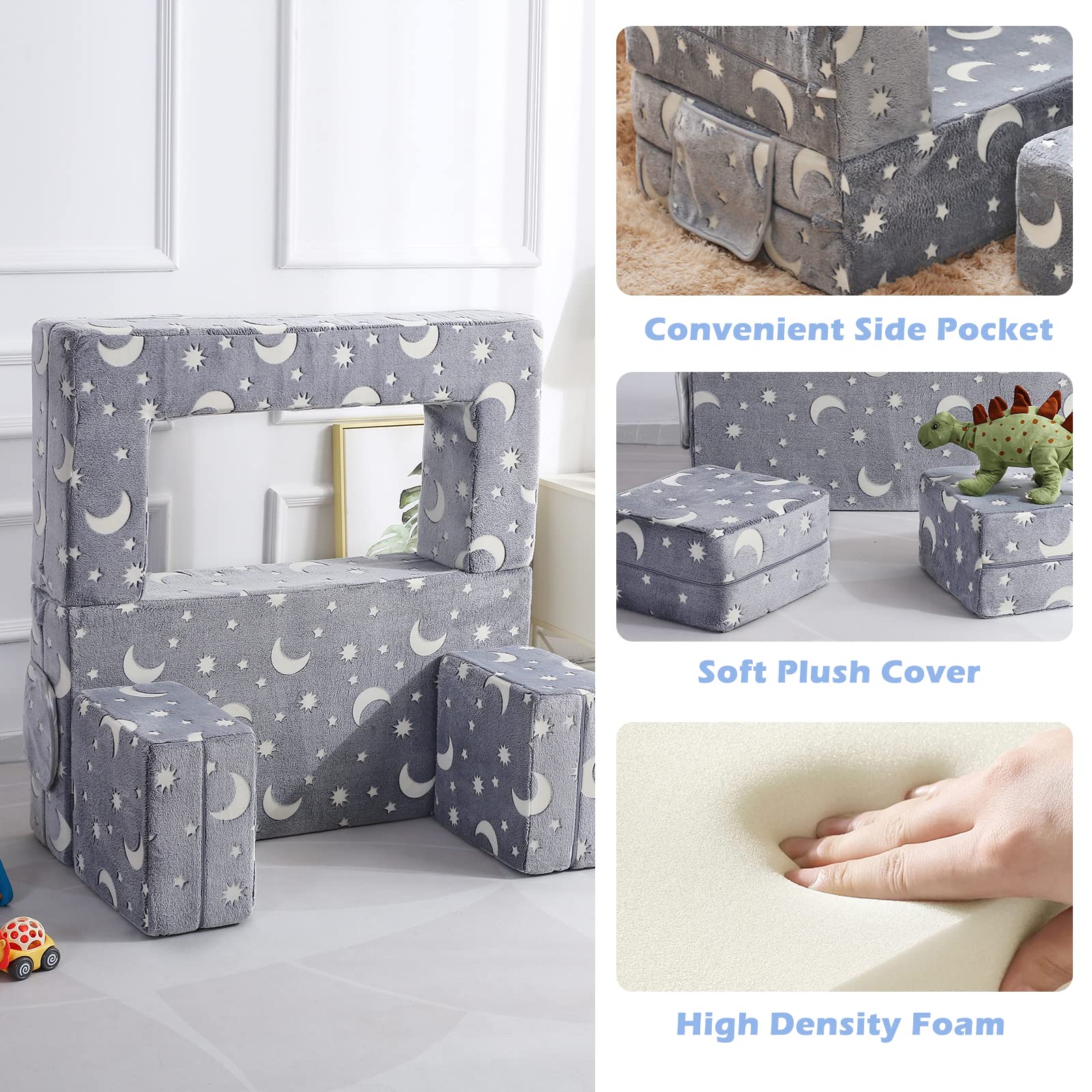Glow in the Dark Modular Kids Sofa - 3-in-1 Convertible Toddler Couch
