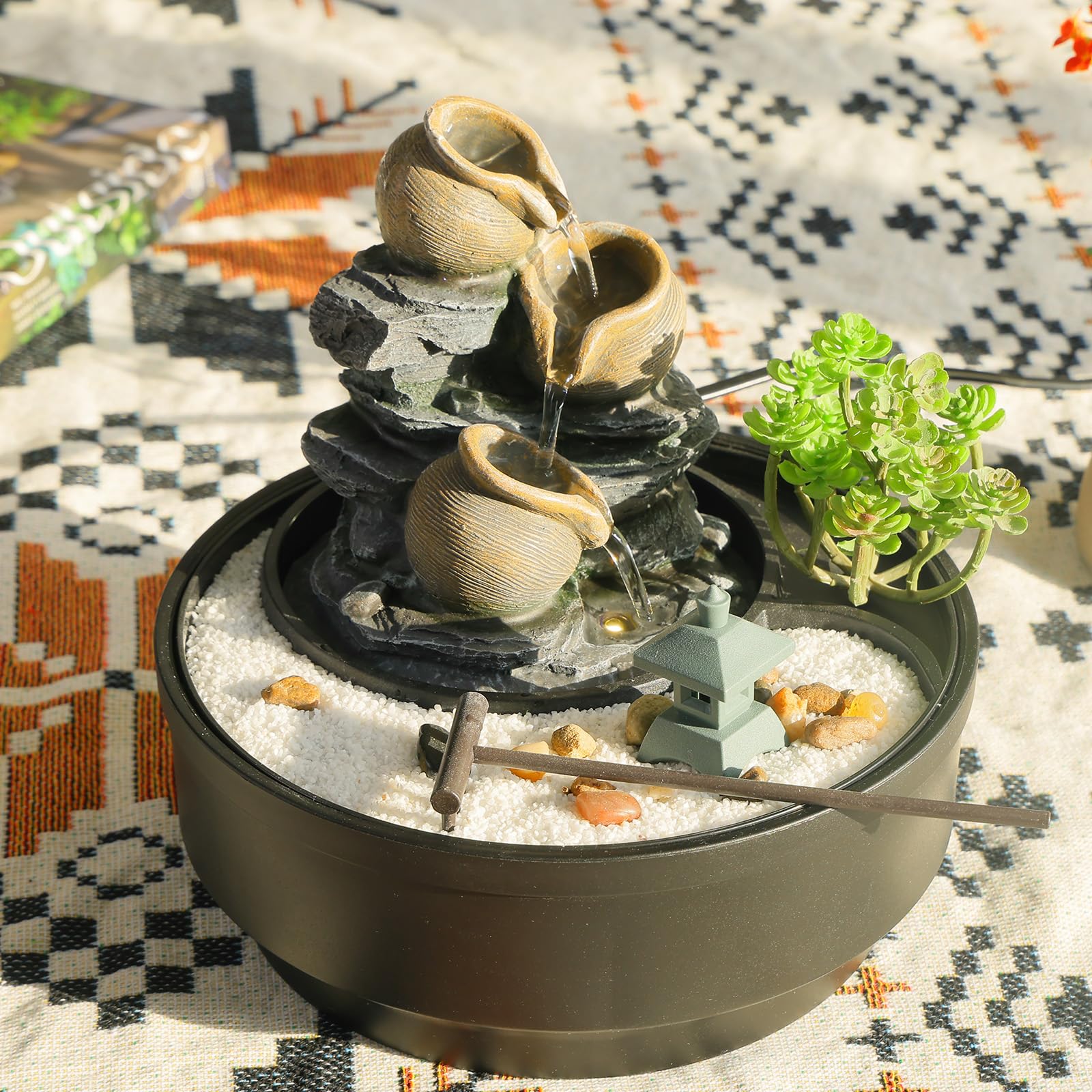 Tabletop Water Fountain with LED Lights and Pagoda Design