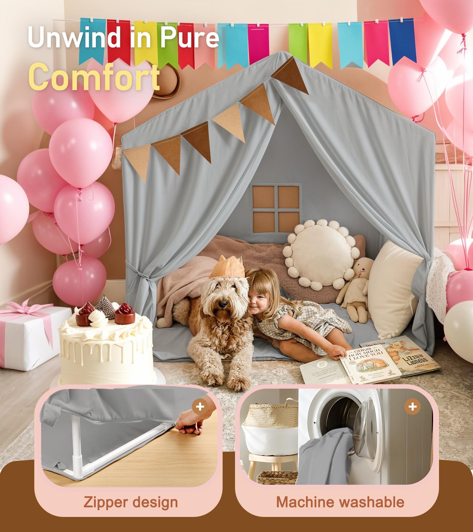 Kids Tent, Play Tent with Star Lights, Large Play Tents with 2 Windows, Kids Playhouse Indoor & Outdoor, Reading Nook, Christmas Toddler Tents for Girls & Boys, 52" x35" x 51", Gray