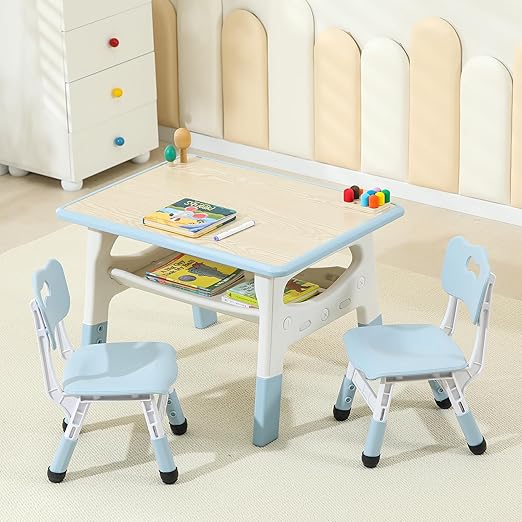 Kids Table and Chairs, Height Adjustable Toddler Table and 2