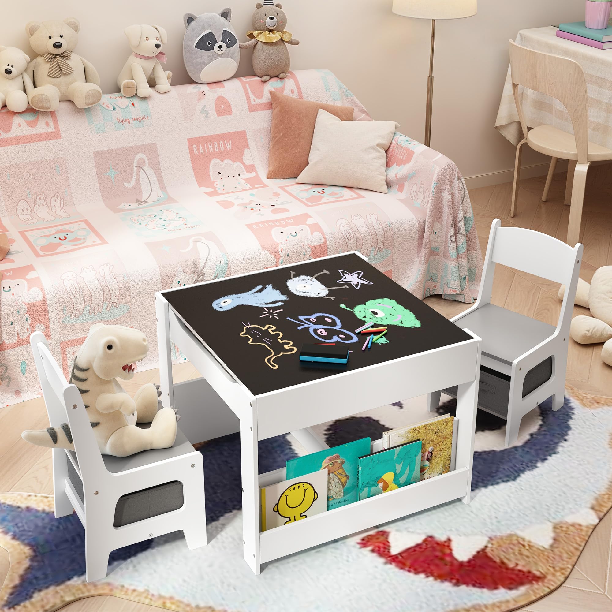 4-in-1 Kids Table and Chair Set with Removable Tabletop Storage