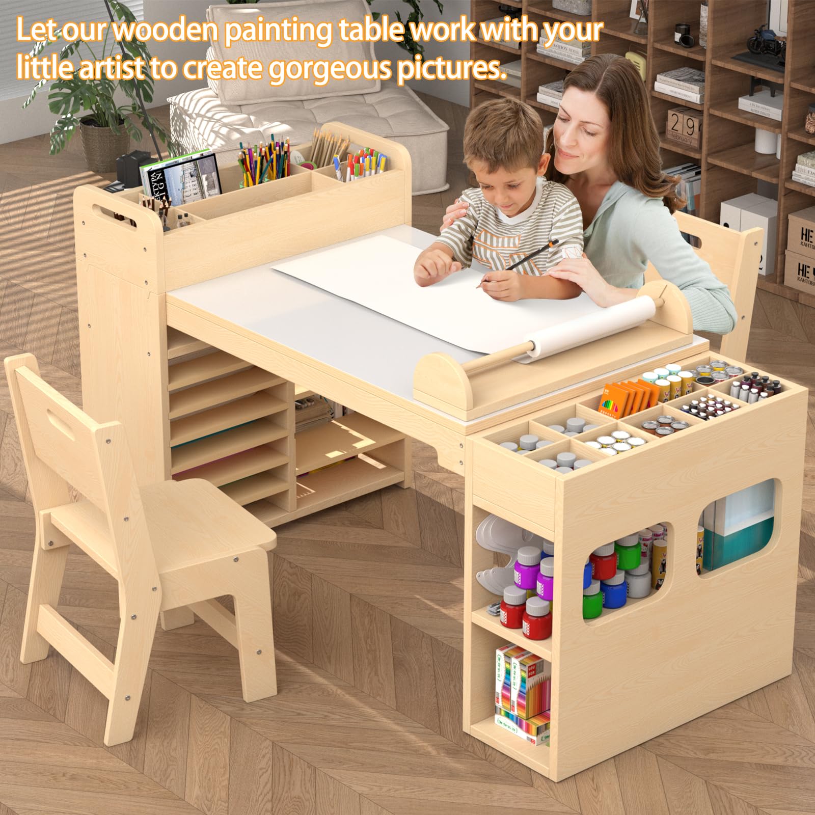 Kids Art Table and Chair Set with Storage and Paper Roll Rack