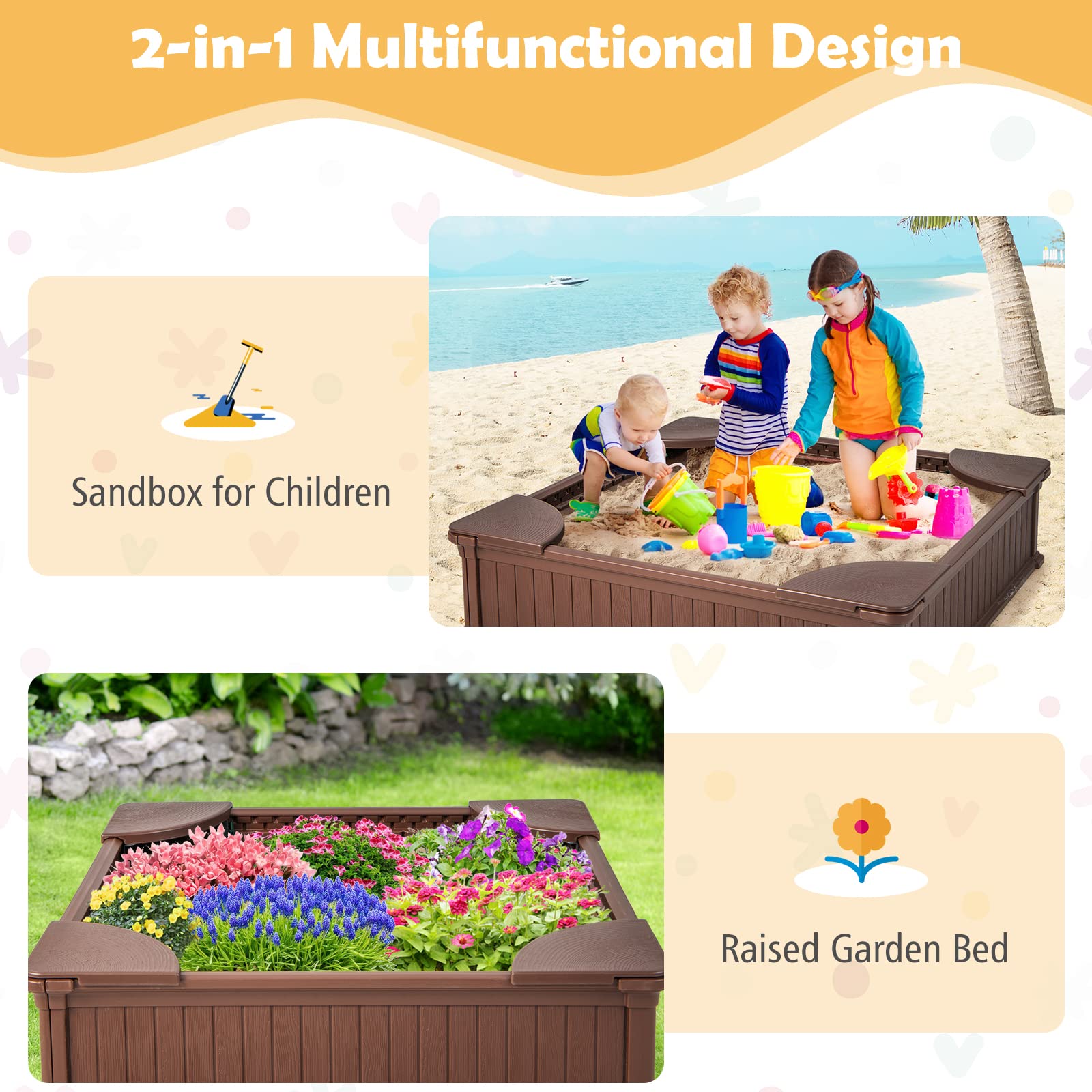 Kids Sandbox with Cover 48x48 Inch HDPE Outdoor Play Pit