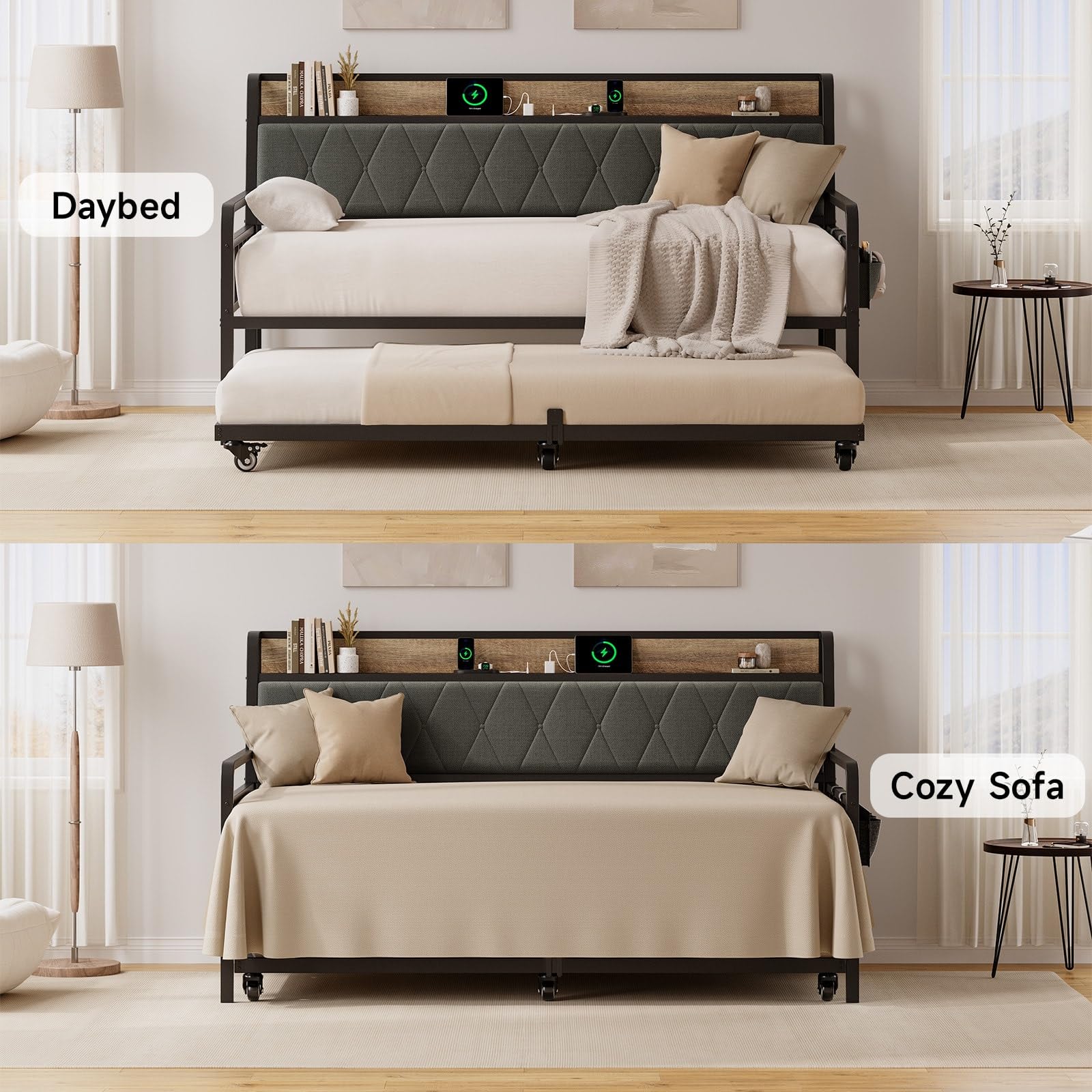Twin Daybed with Trundle, Metal Bed Frame with Ergonomic
