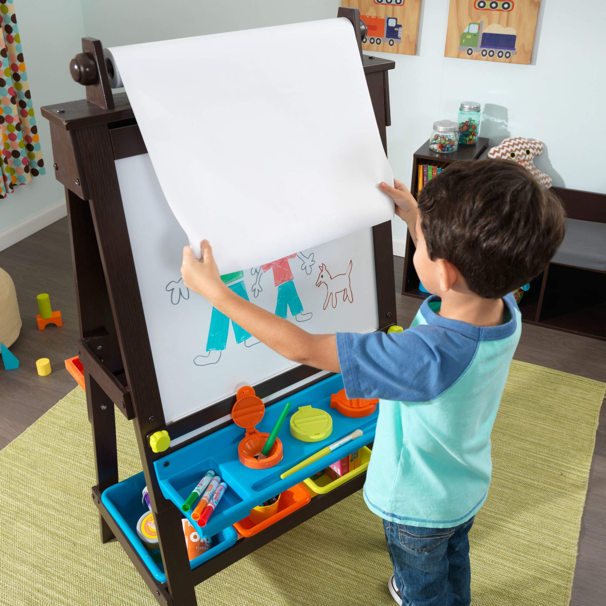 Wooden Storage Easel with Dry Erase and Chalkboard Surfaces