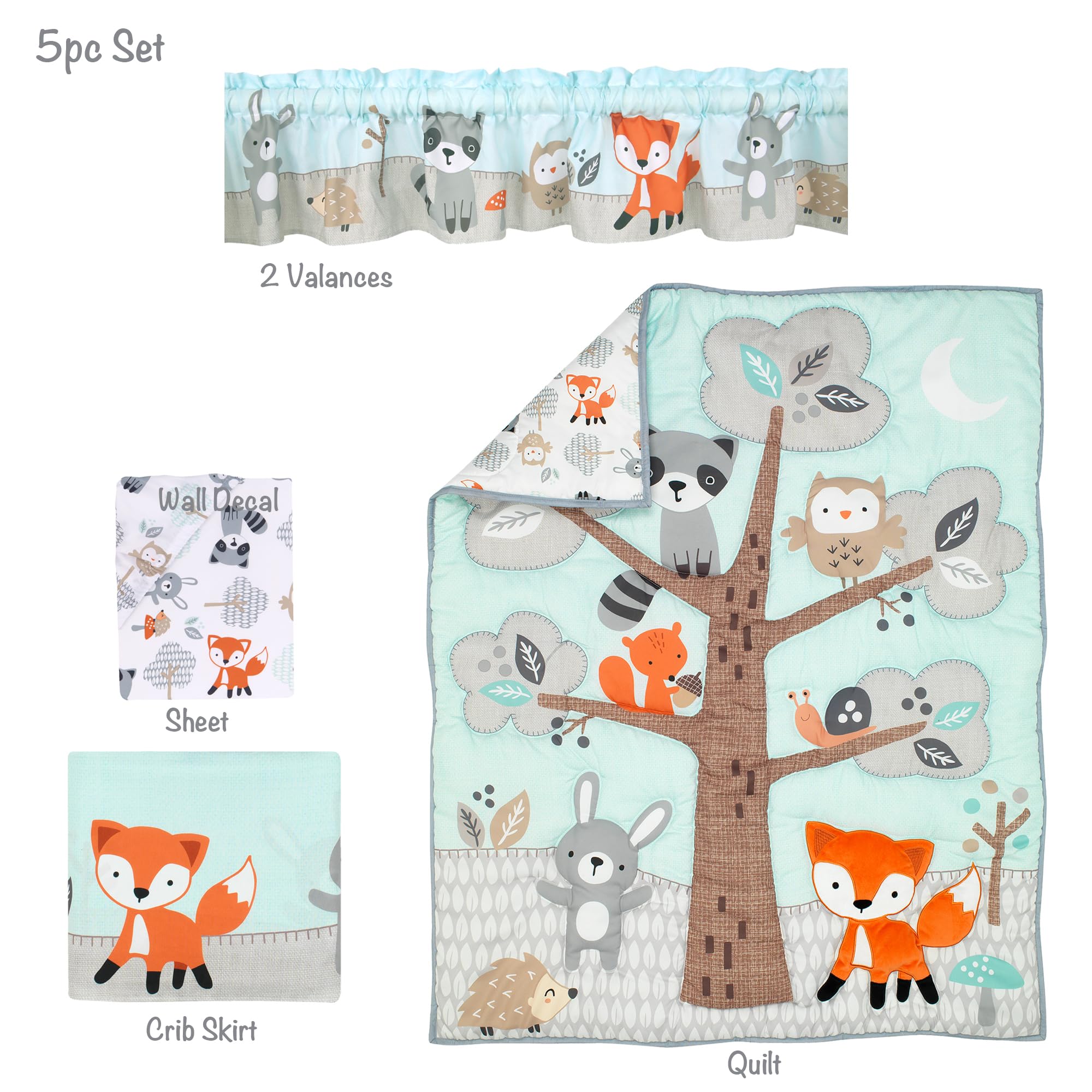 Woodland Friends 5-Piece Crib Bedding Set Mint Gray