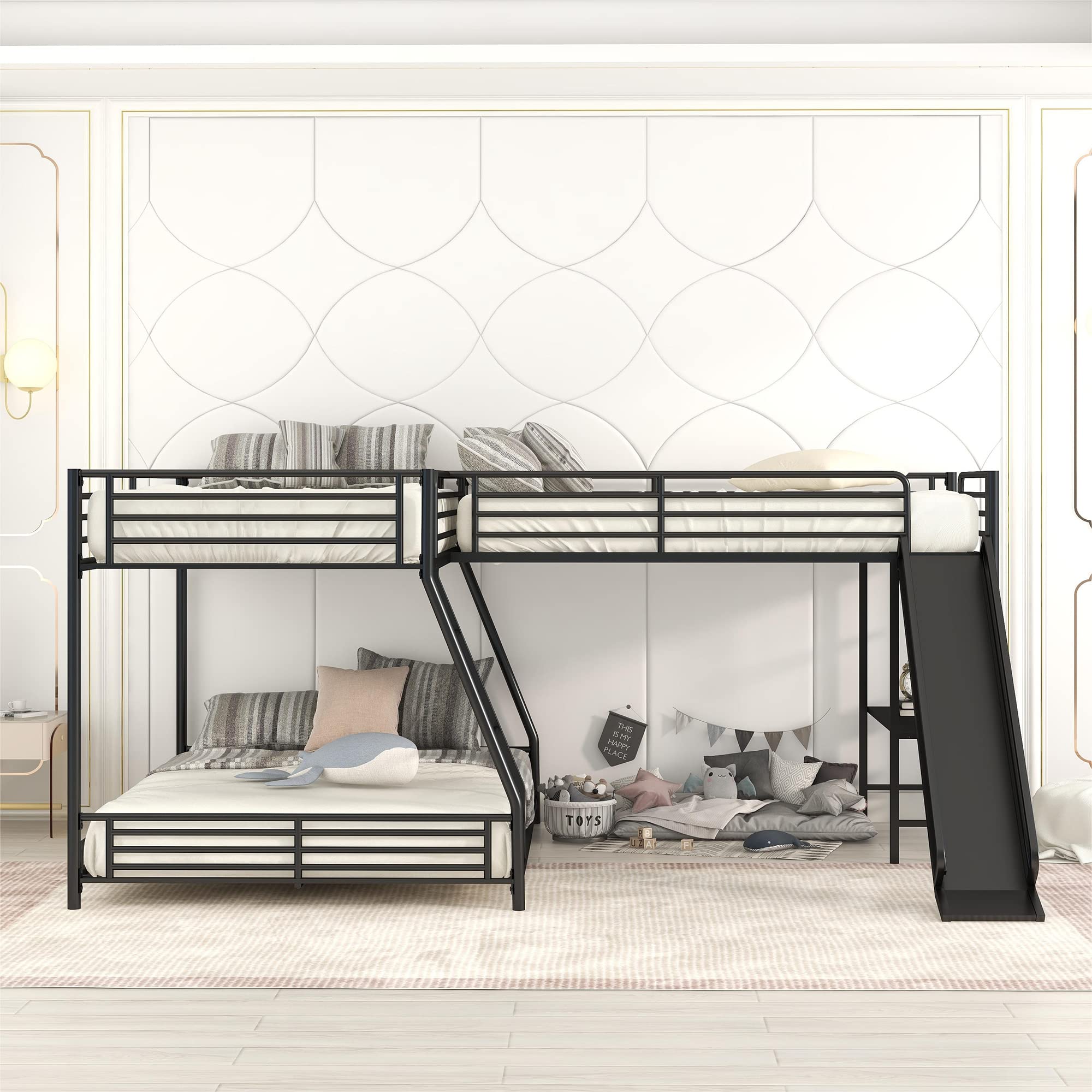 Bed Frame for Bedroom L-Shaped Twin Over Full Bunk Bed with Twin Size Loft Bed