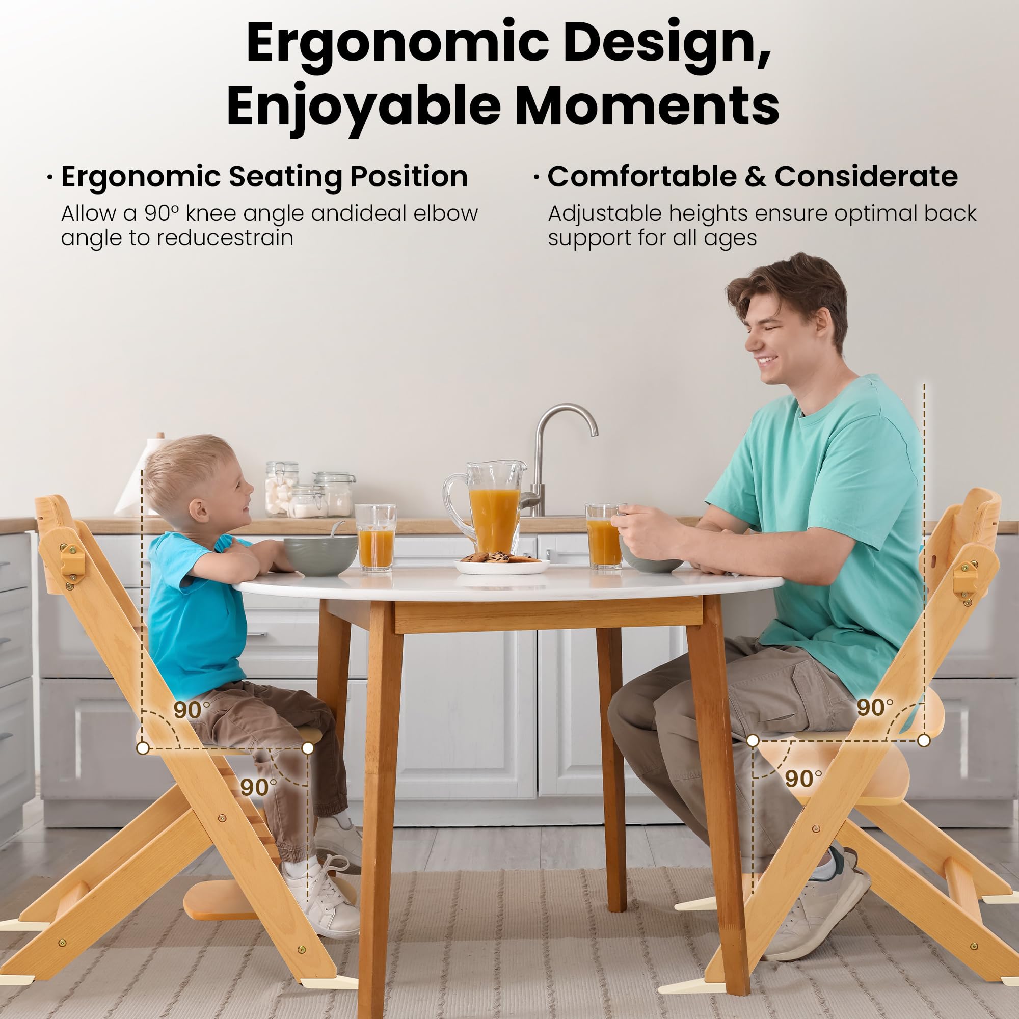 Adjustable Wooden High Chair with Removable Tray and Safety Harness
