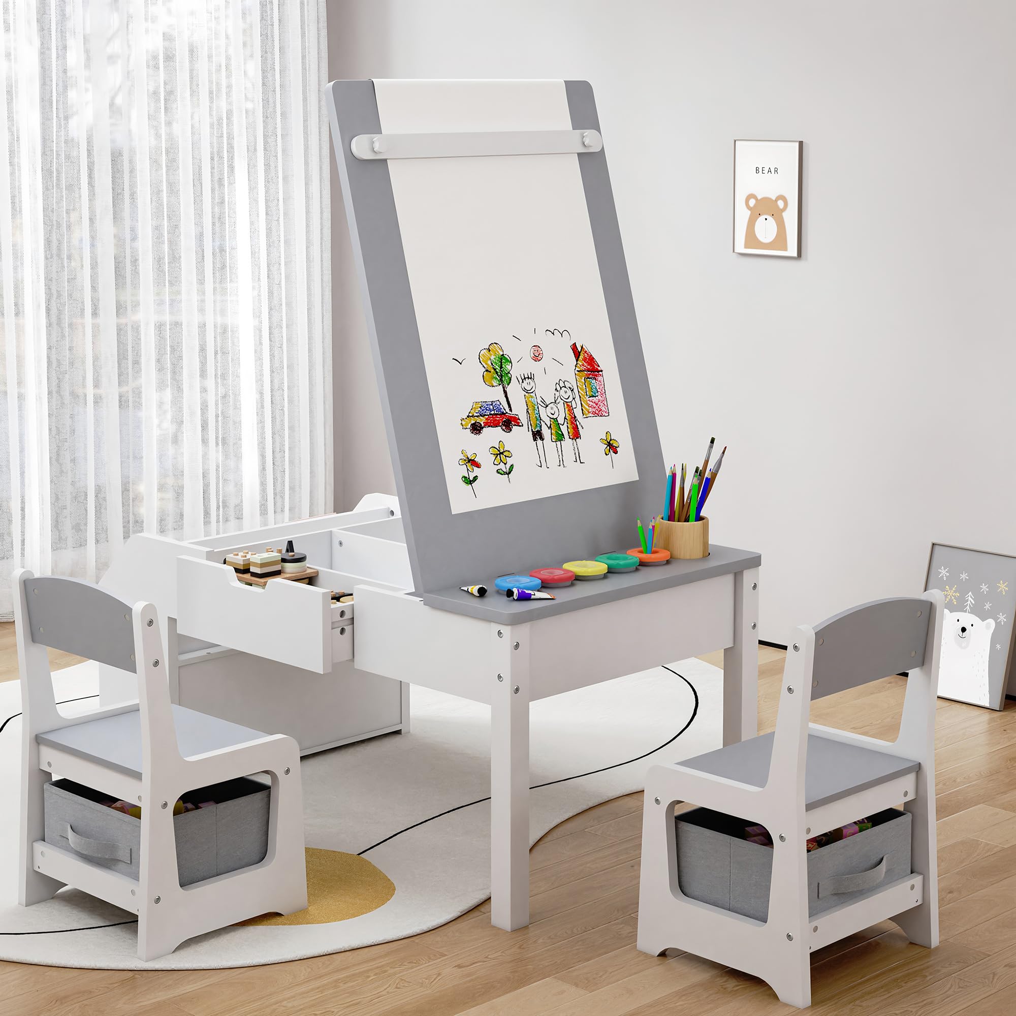 5-in-1 Kids Art Table and Chairs Set with Convertible Easel