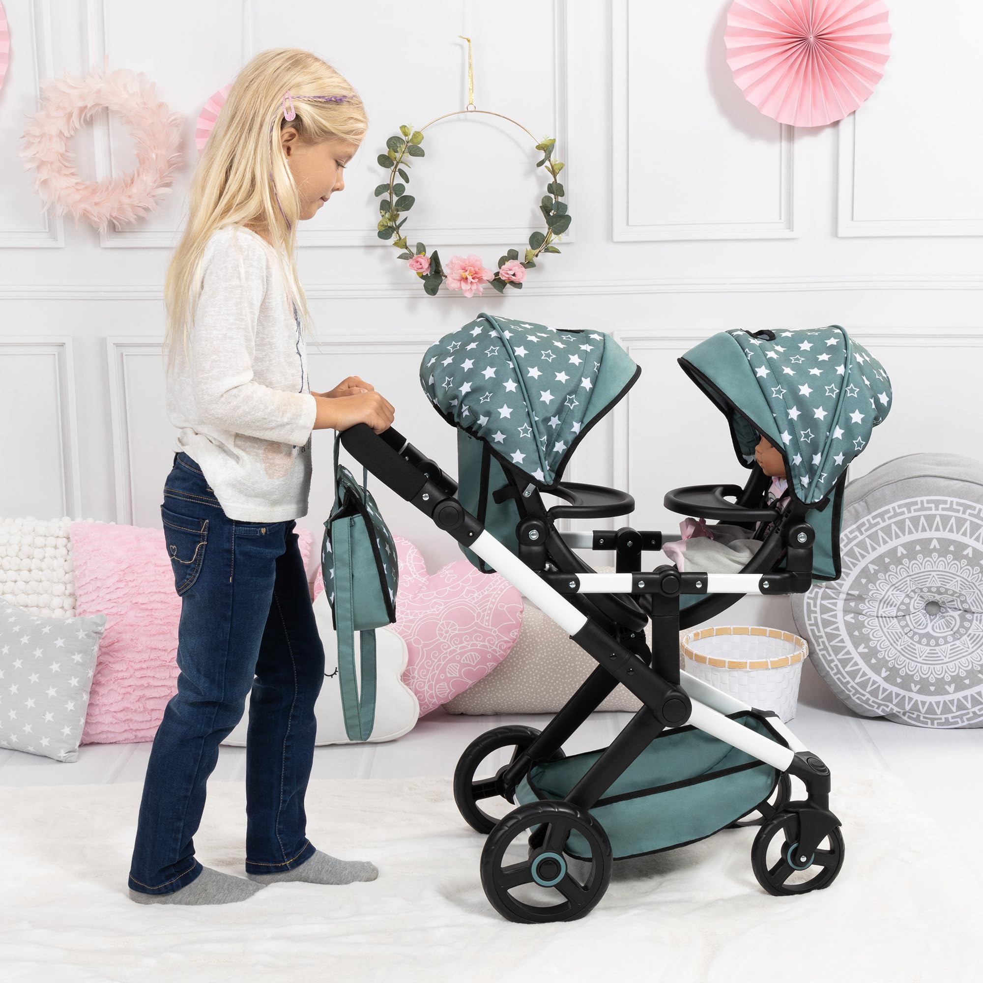 Pram Xeo Twin - Green & White Stars - Seats 2 Dolls Up to 18", Shoulder Bag