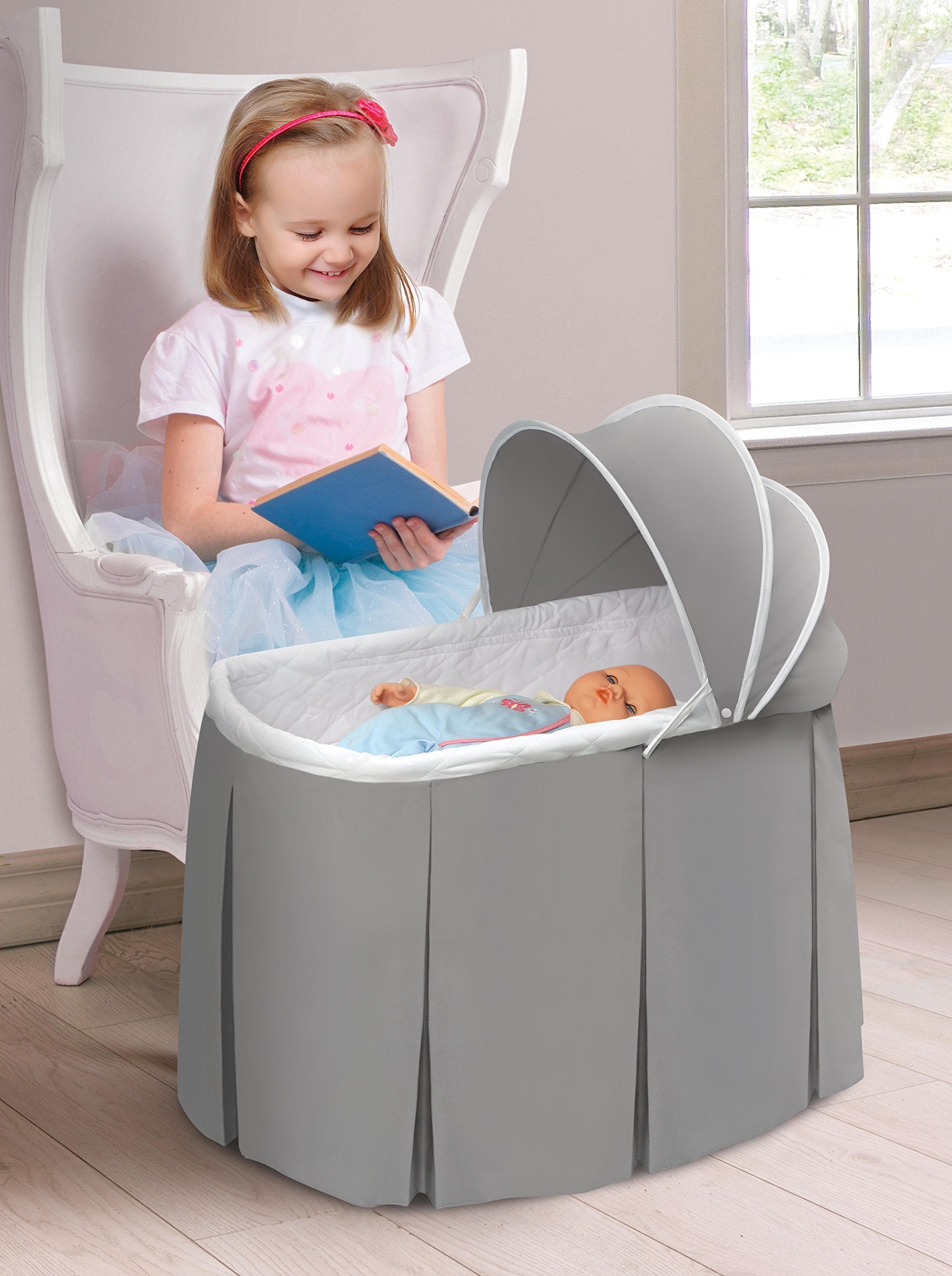 Rocking Doll Bassinet with Canopy and Storage Basket - Fits 18-20 Inch Dolls