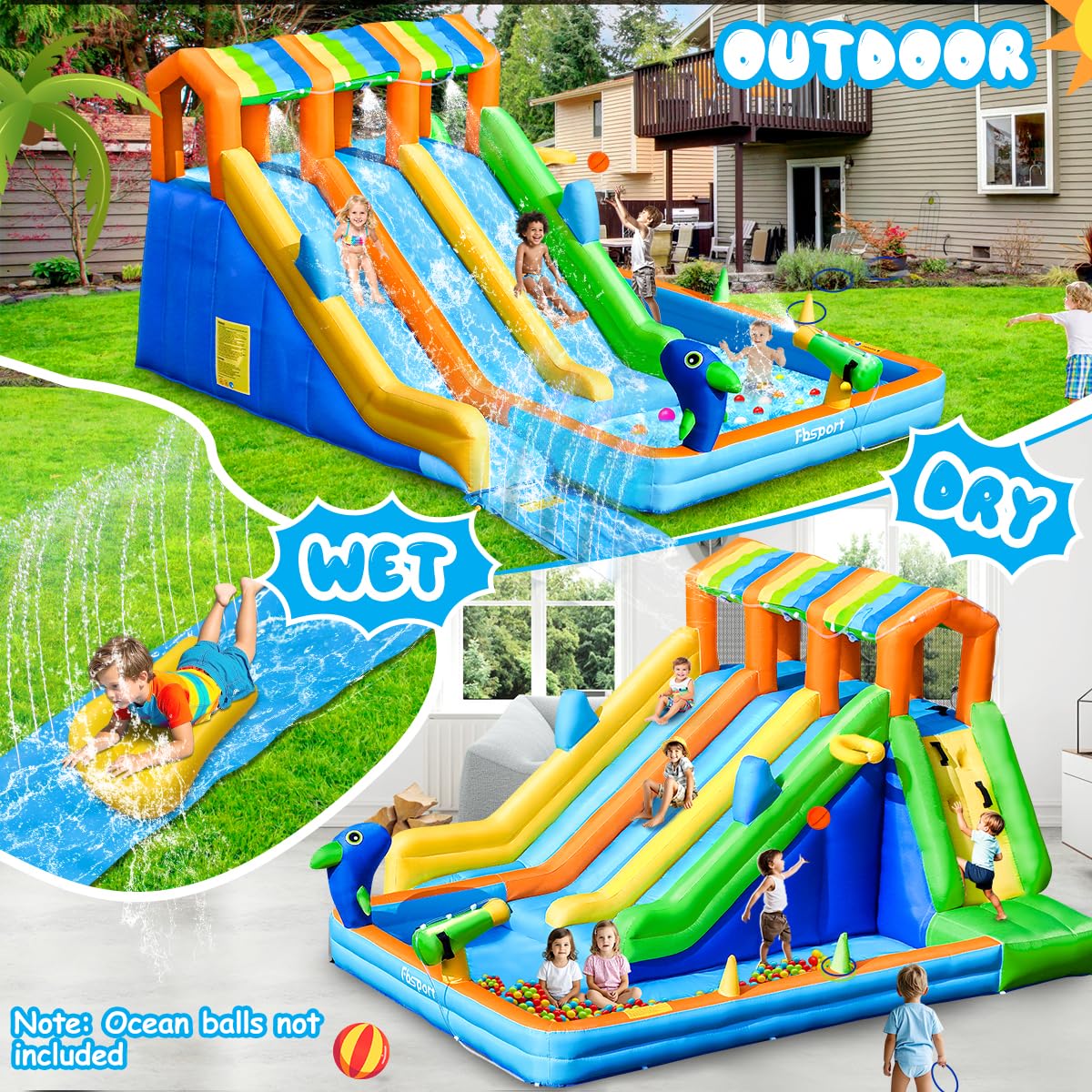 Inflatable Water Bounce House with Triple Slide and Splash Pool