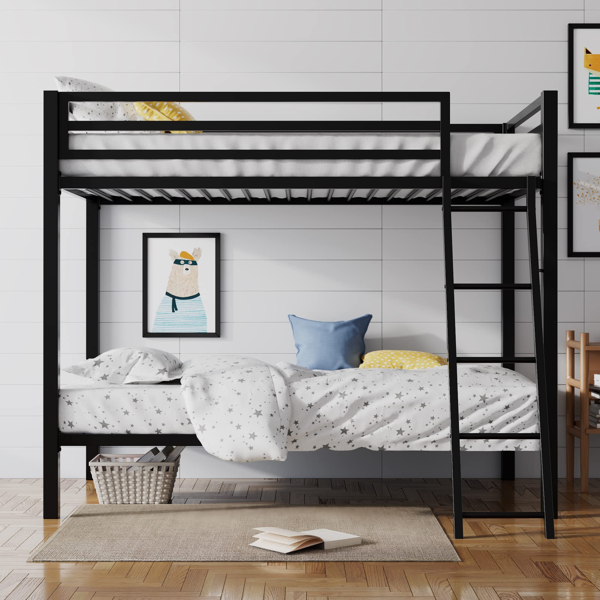 Twin Over Twin Metal Bunk Bed with Ladder and Guardrail