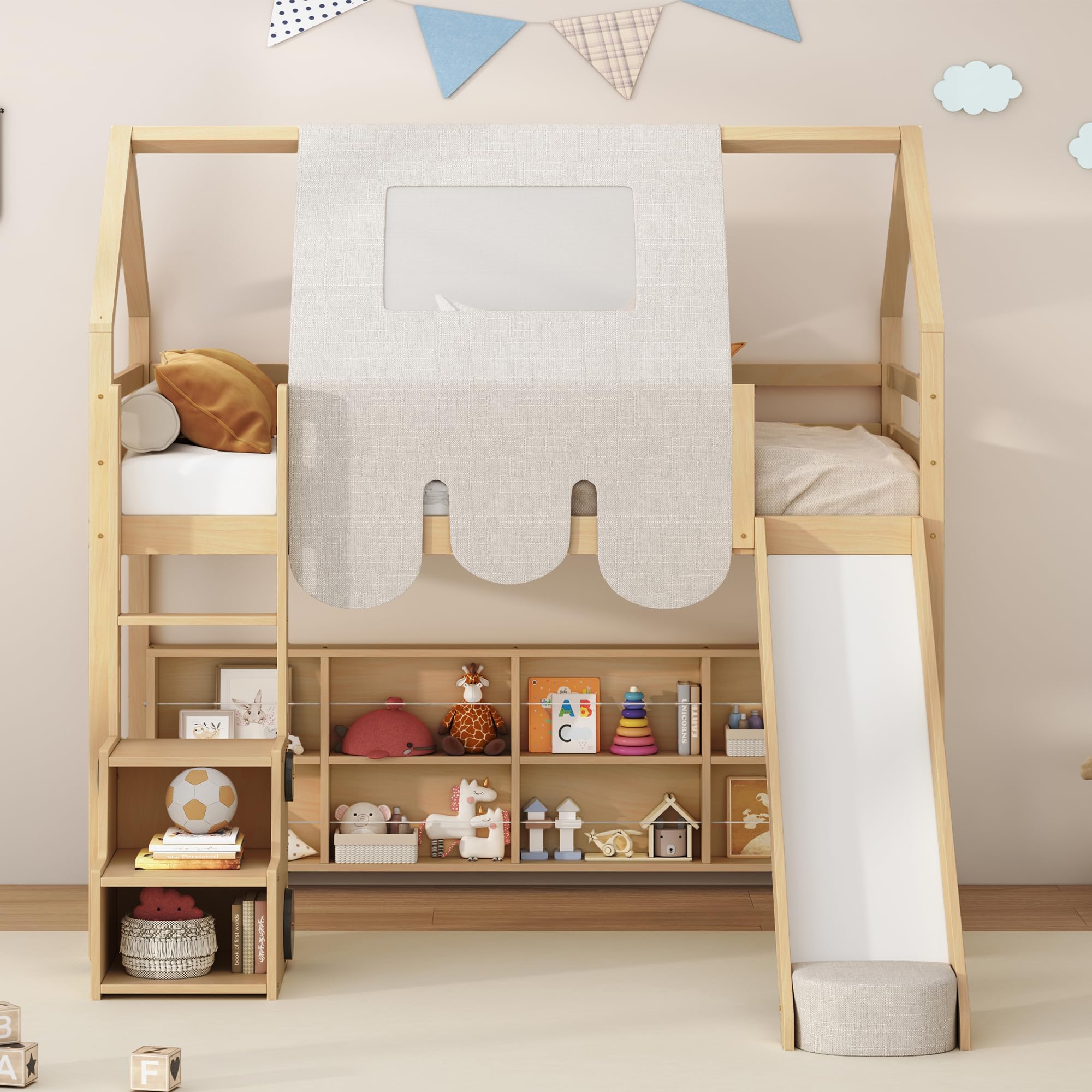 Twin Size Loft Bed with Slide, Wooden Twin House-Shaped Frame with Ladder