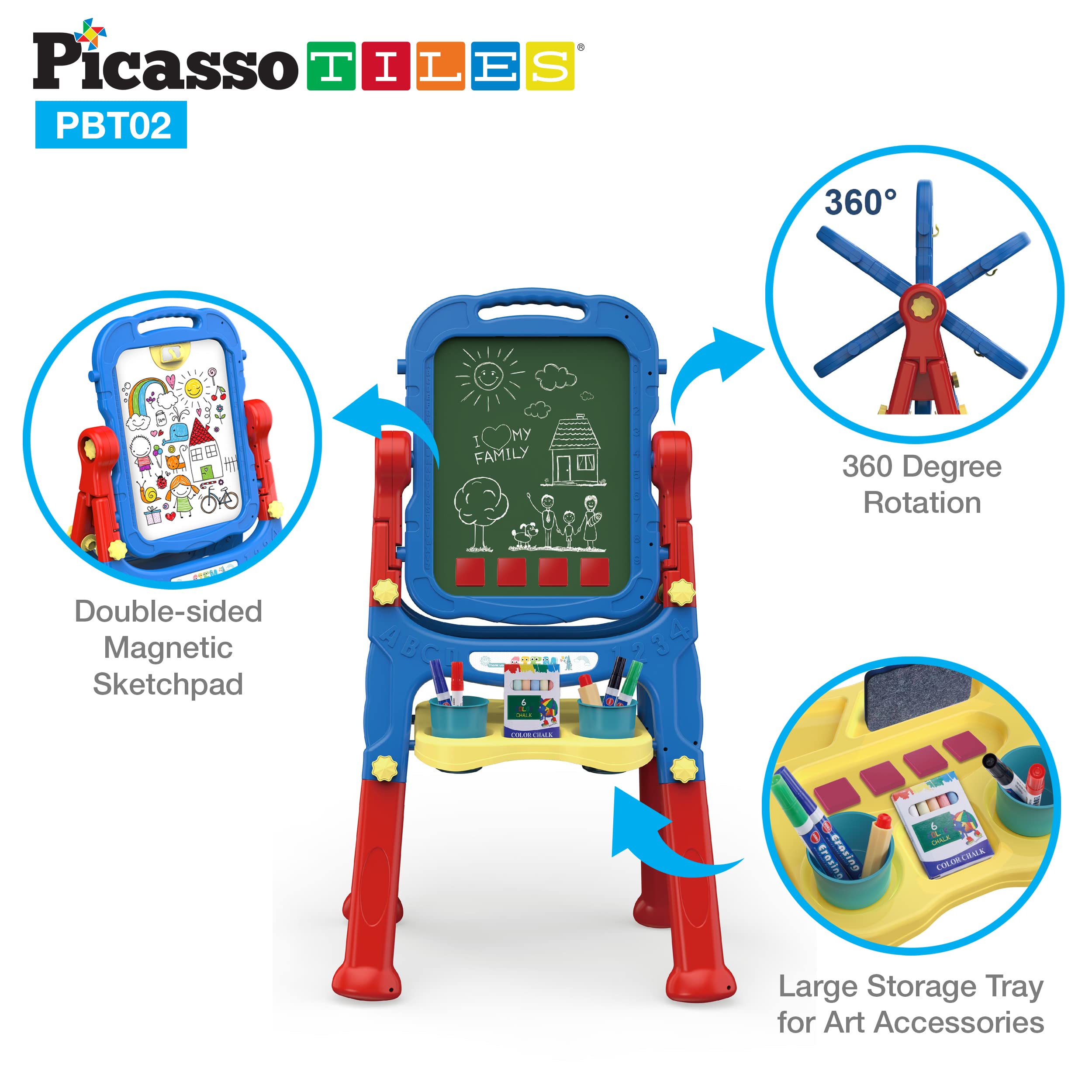 PicassoTiles Kids Art Easel AllinOne Drawing Board Chalkboard Whiteboard with Art Supplies STEM Educational Gift for Toddlers Boys Girls Age 3 to 8 Years Old Creative Learning Tool for Kids PBT02