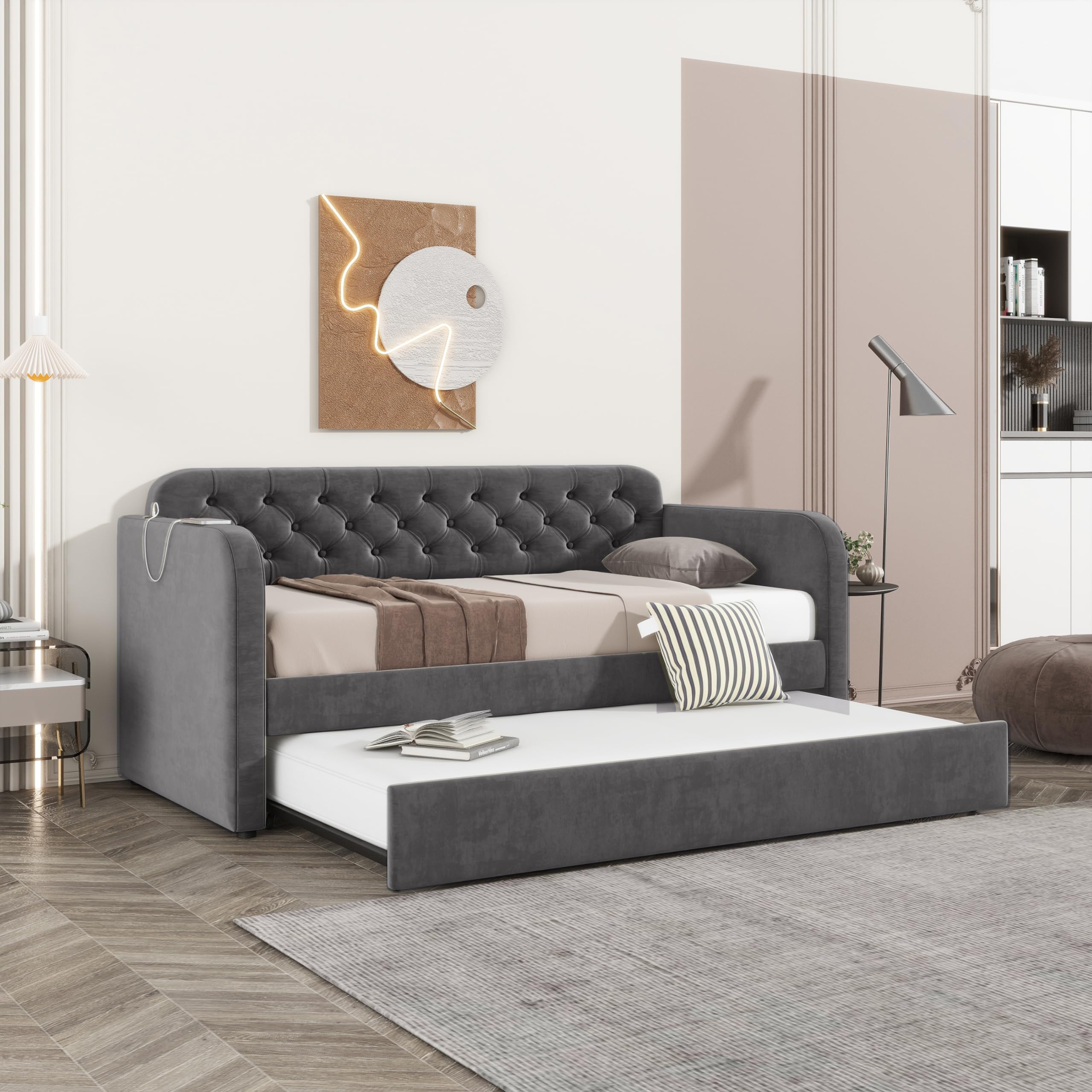 Daybed with Trundle, Velvet Upholstered Twin Size Day Bed