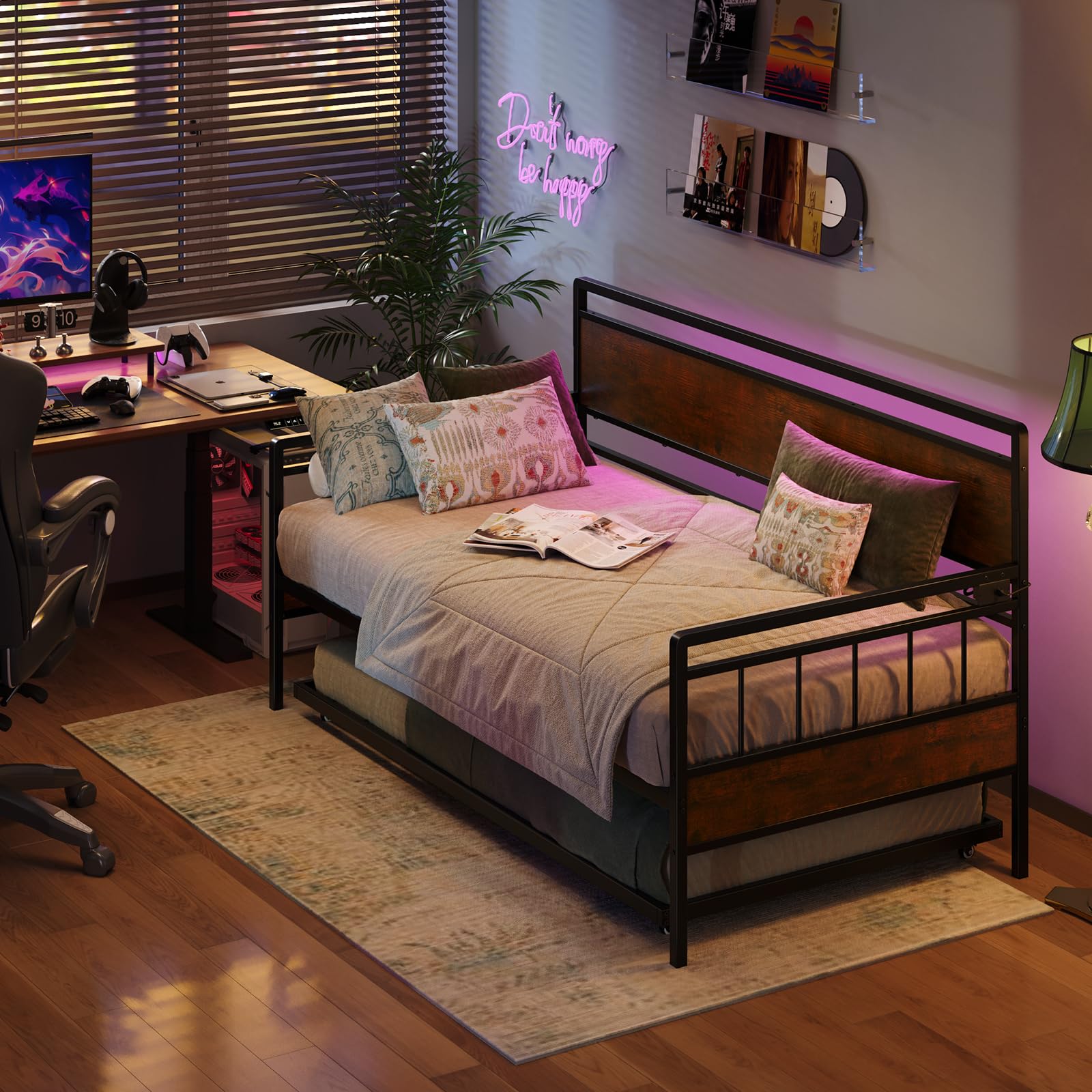 Twin Daybed with Trundle with Charging Station and LED Lights