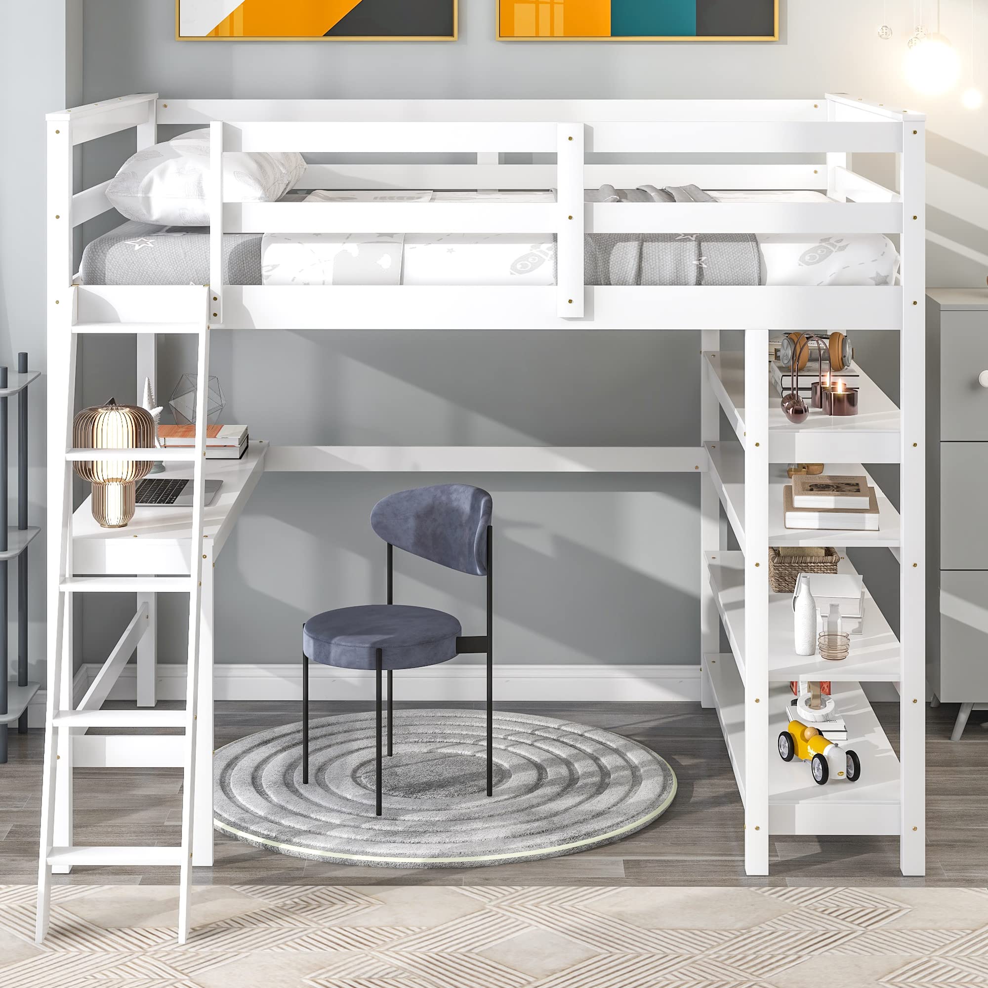 Full Loft Bed with Desk and Storage Shelves, Solid Loft Bed Frame