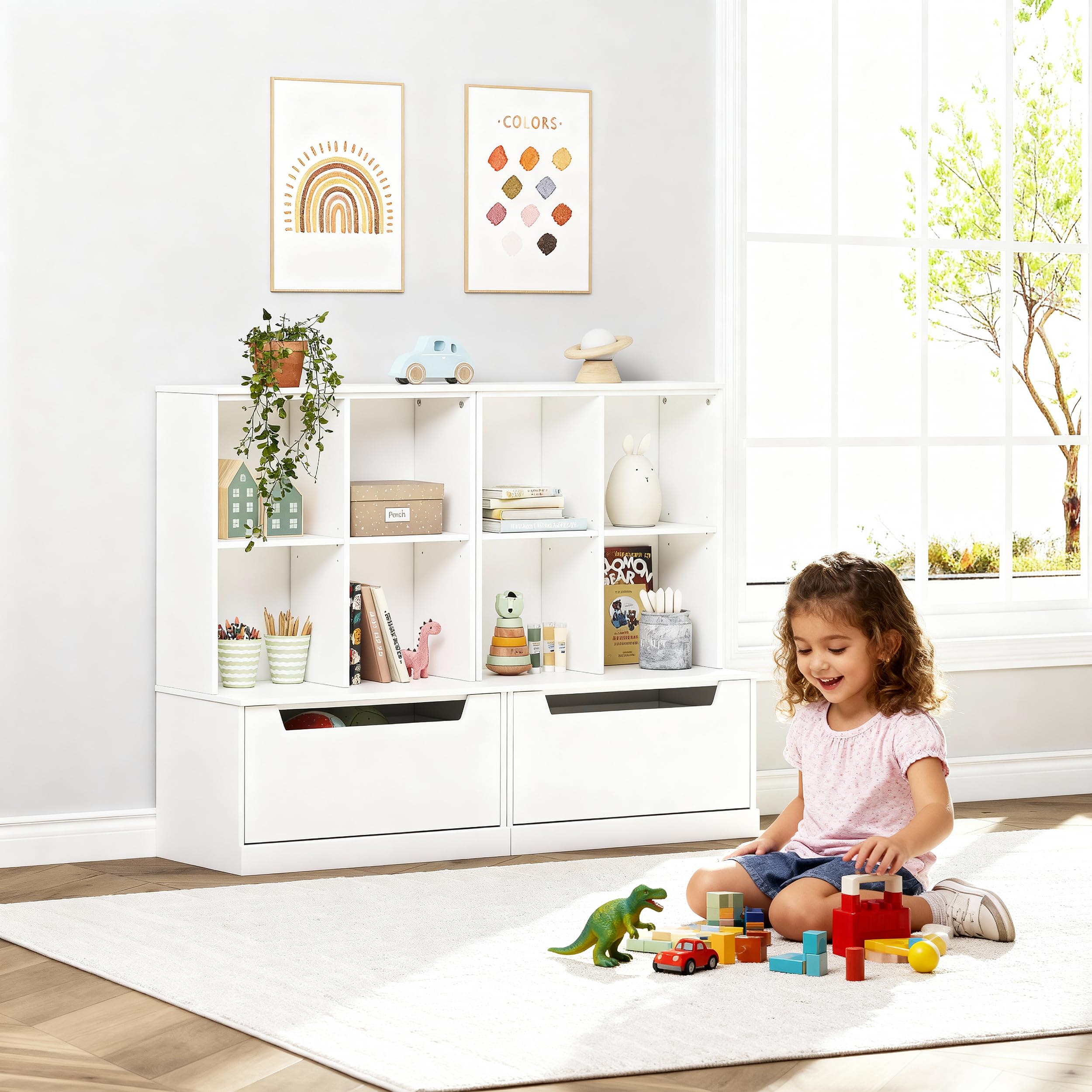 Kids Bookshelf and Toy Storage Organizer with Drawer