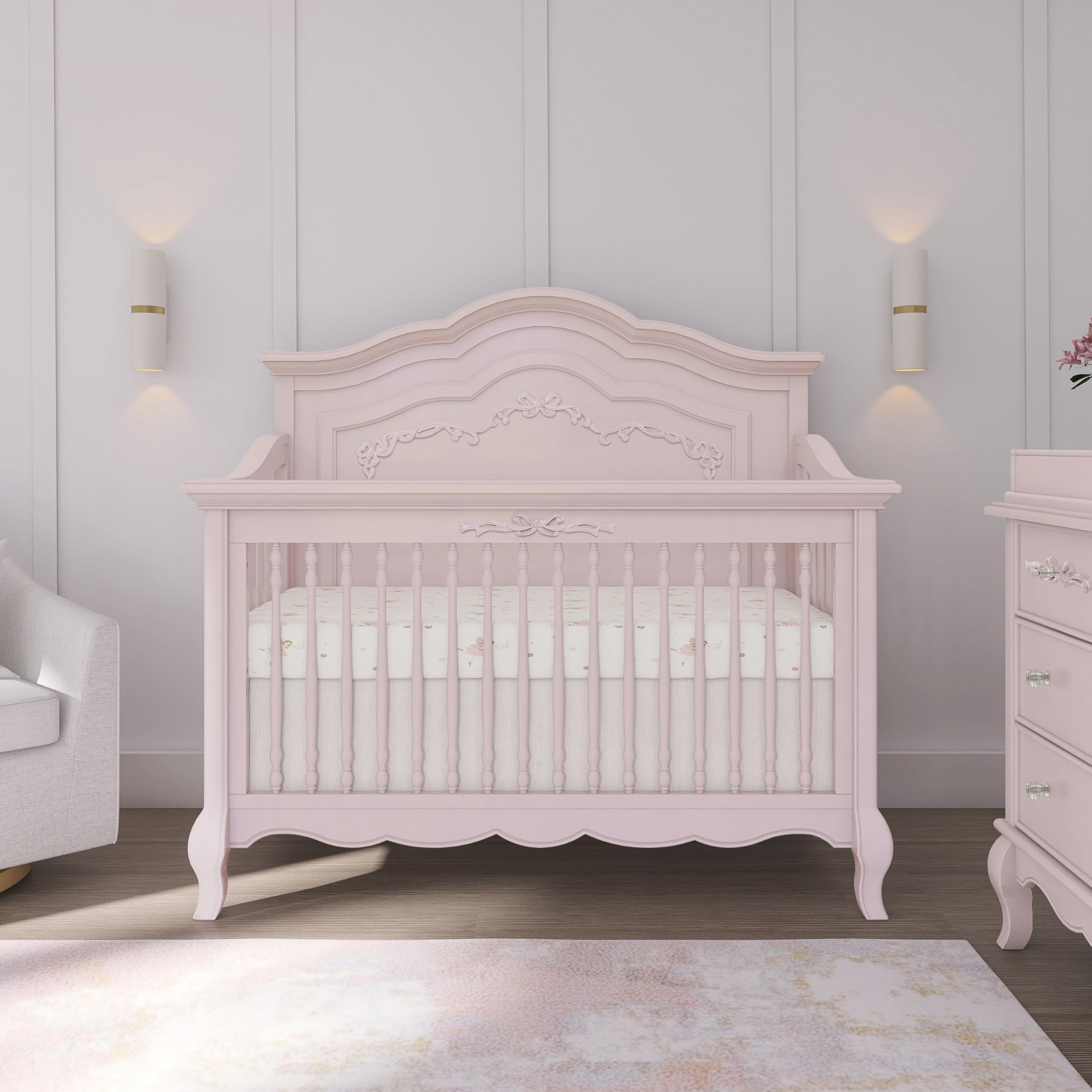 Aurora 5-in-1 Convertible Crib with Ribbon Bow Scrollwork