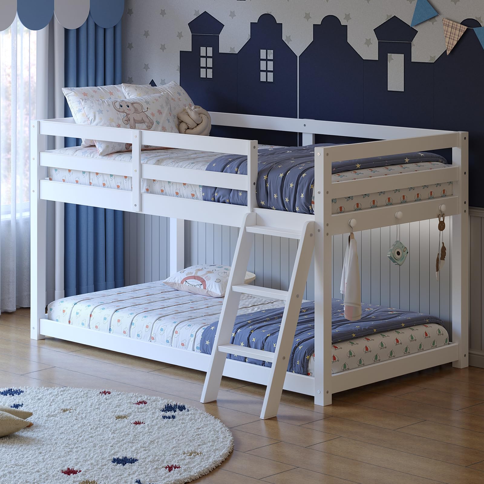 Low Bunk Bed with Guardrail and LED Light, Floor Toddler Bunk Bed Twin Over Twin