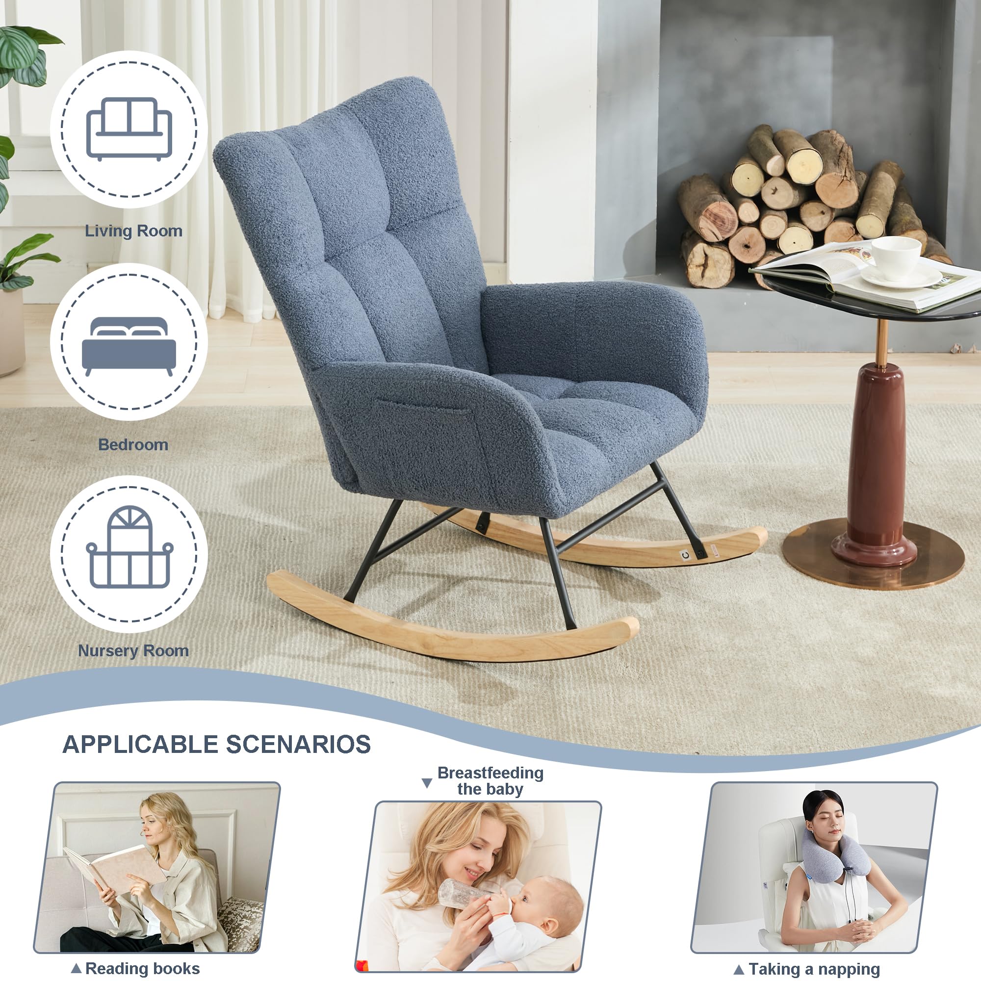 Teddy Upholstered Rocking Chair with High Backrest