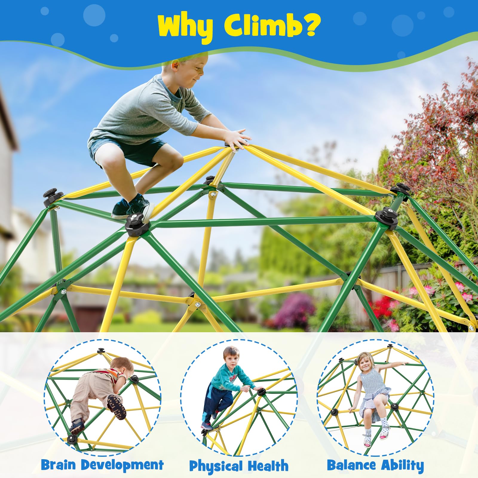10FT Climbing Dome with Hammock & Swing for Kids