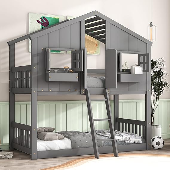 Twin Over Twin House Bunk Bed with Window Door and Roof