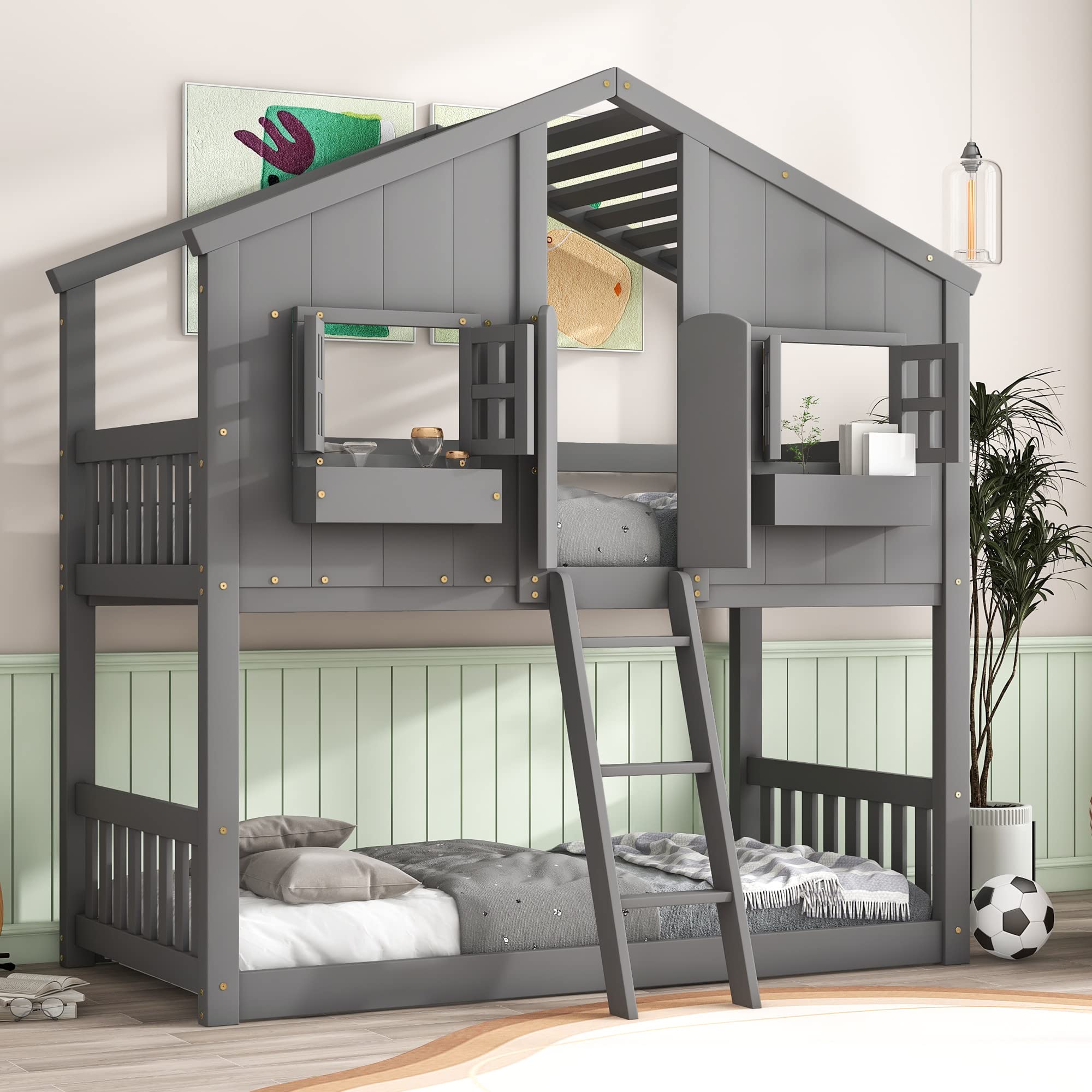 Twin Over Twin House Bunk Bed with Window Door and Roof