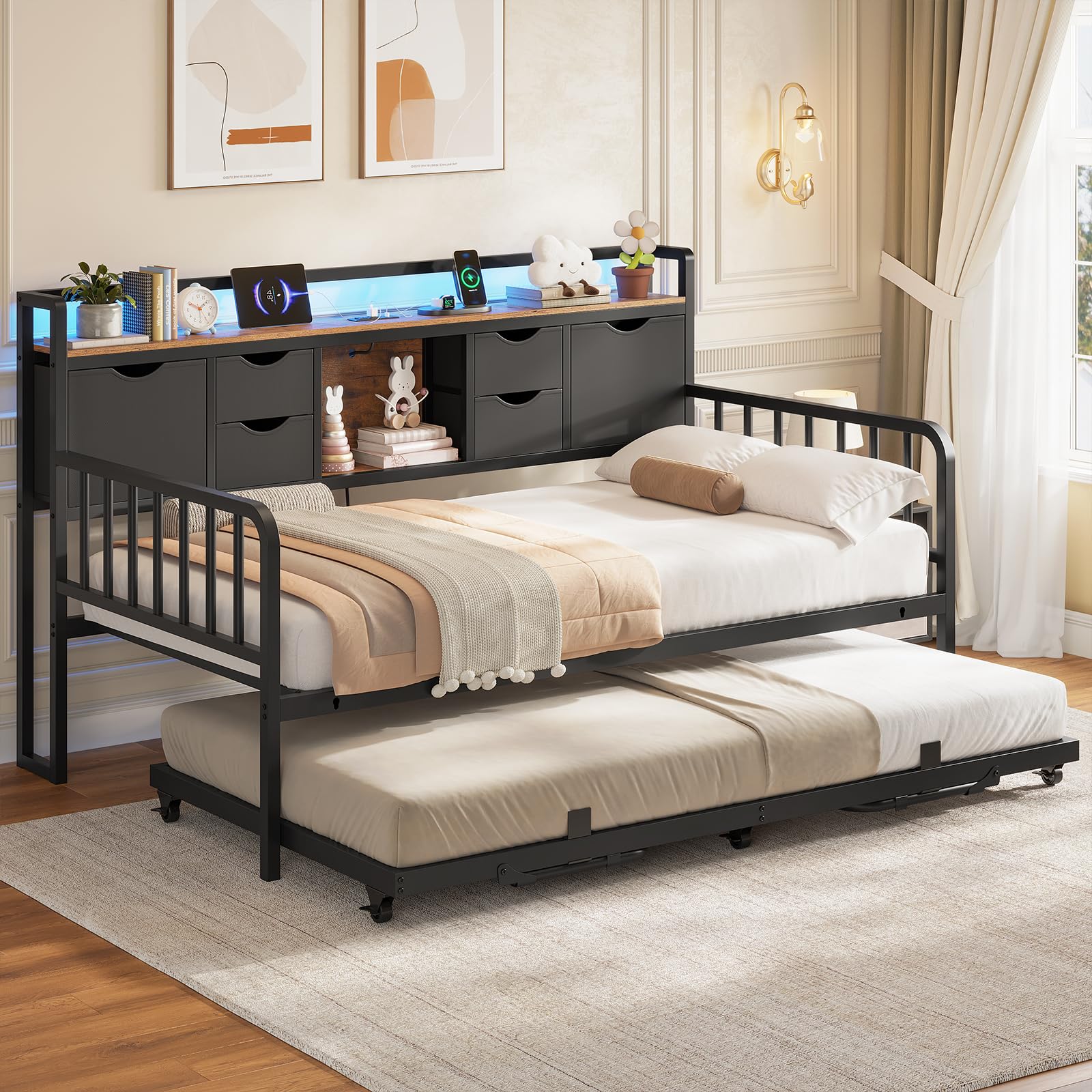 ADORNEVE Daybed with Trundle, Twin Day Bed with Storage Headboard & Charging Station, Height Adjustable Metal Trundle Bed Twin, Sofa Bed Frame for Living Room, Bedroom and Guest Room, Black