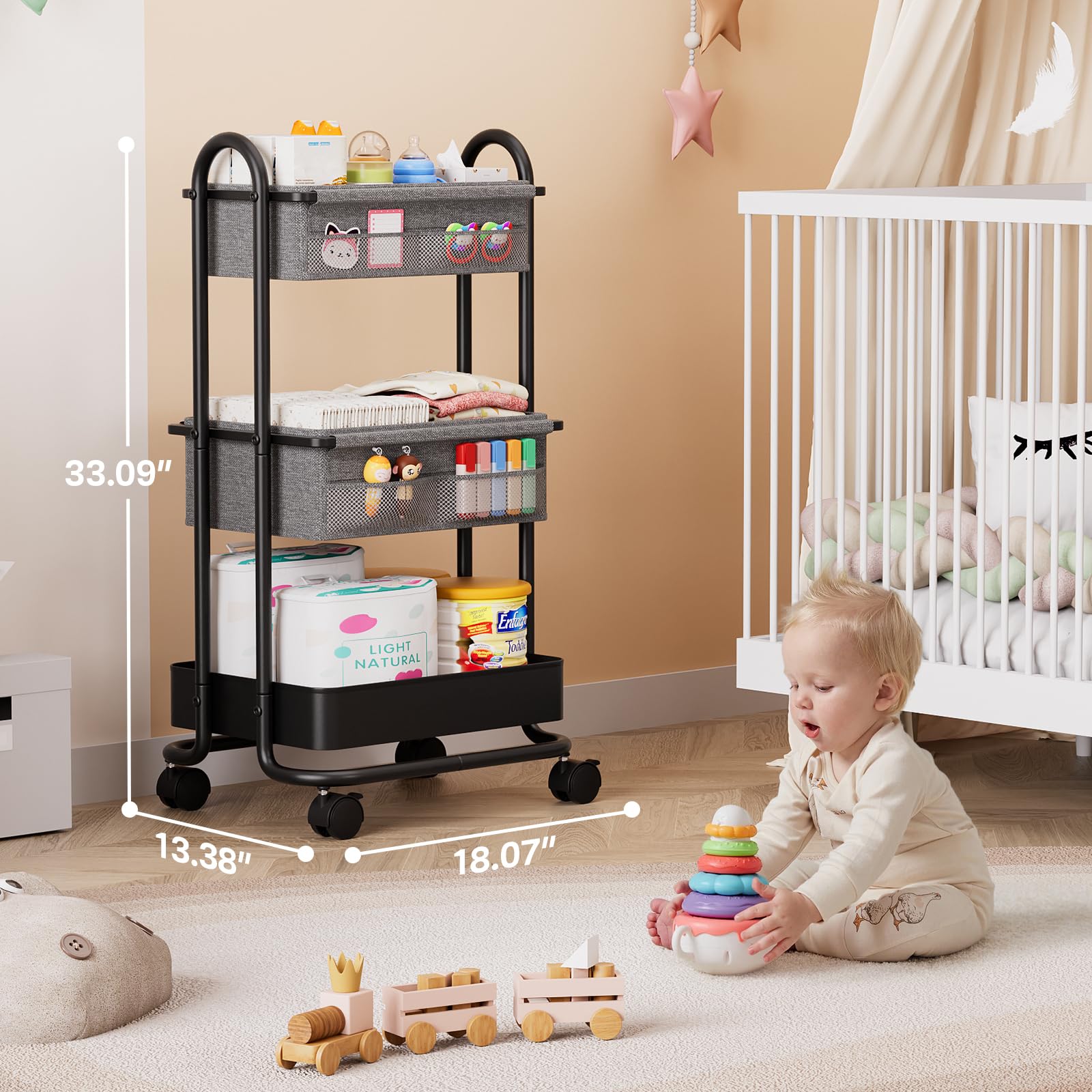 3 Tier Baby Diaper Caddy Organizer Cart with Wheels
