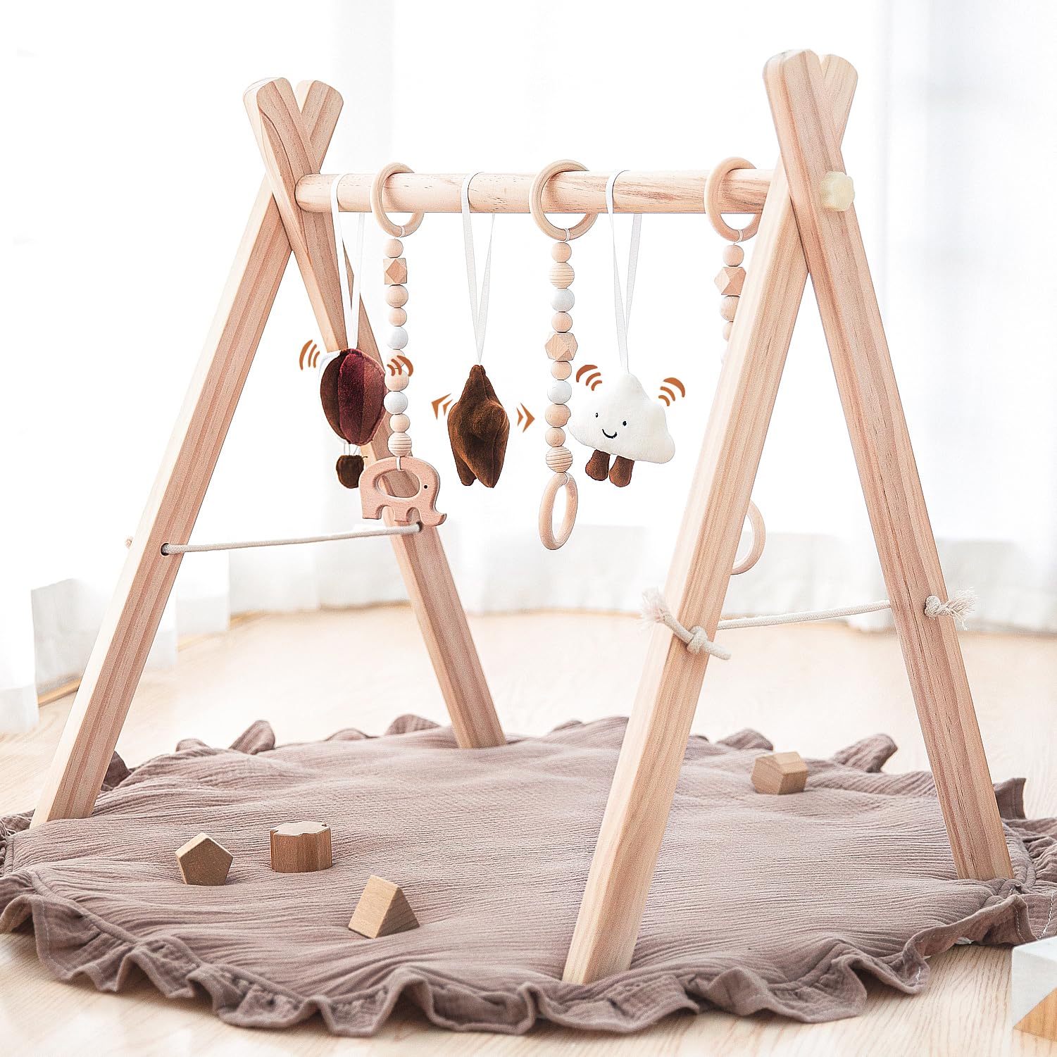 Wooden Baby Play Gym Play Mat, Foldable Baby Gym with 6 Hanging Sensory