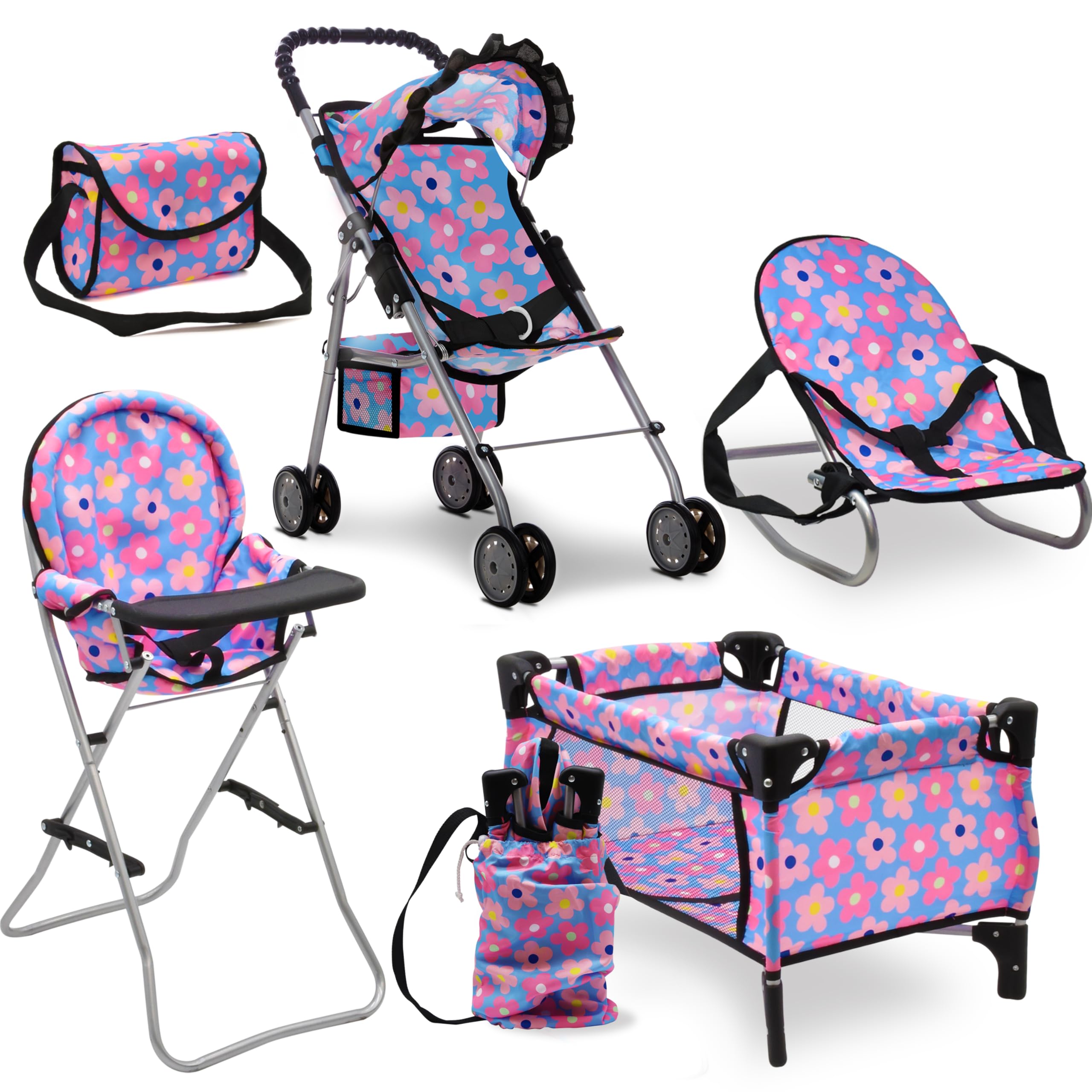 4-in-1 Doll Nursery Playset with Stroller Bed High Chair
